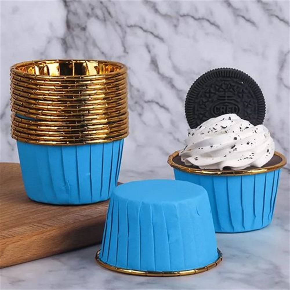 Kağıt Muffin Kek ve Sufle Kapsülü Mavi İçi Metalik Gold 25'li - HK Ticaret