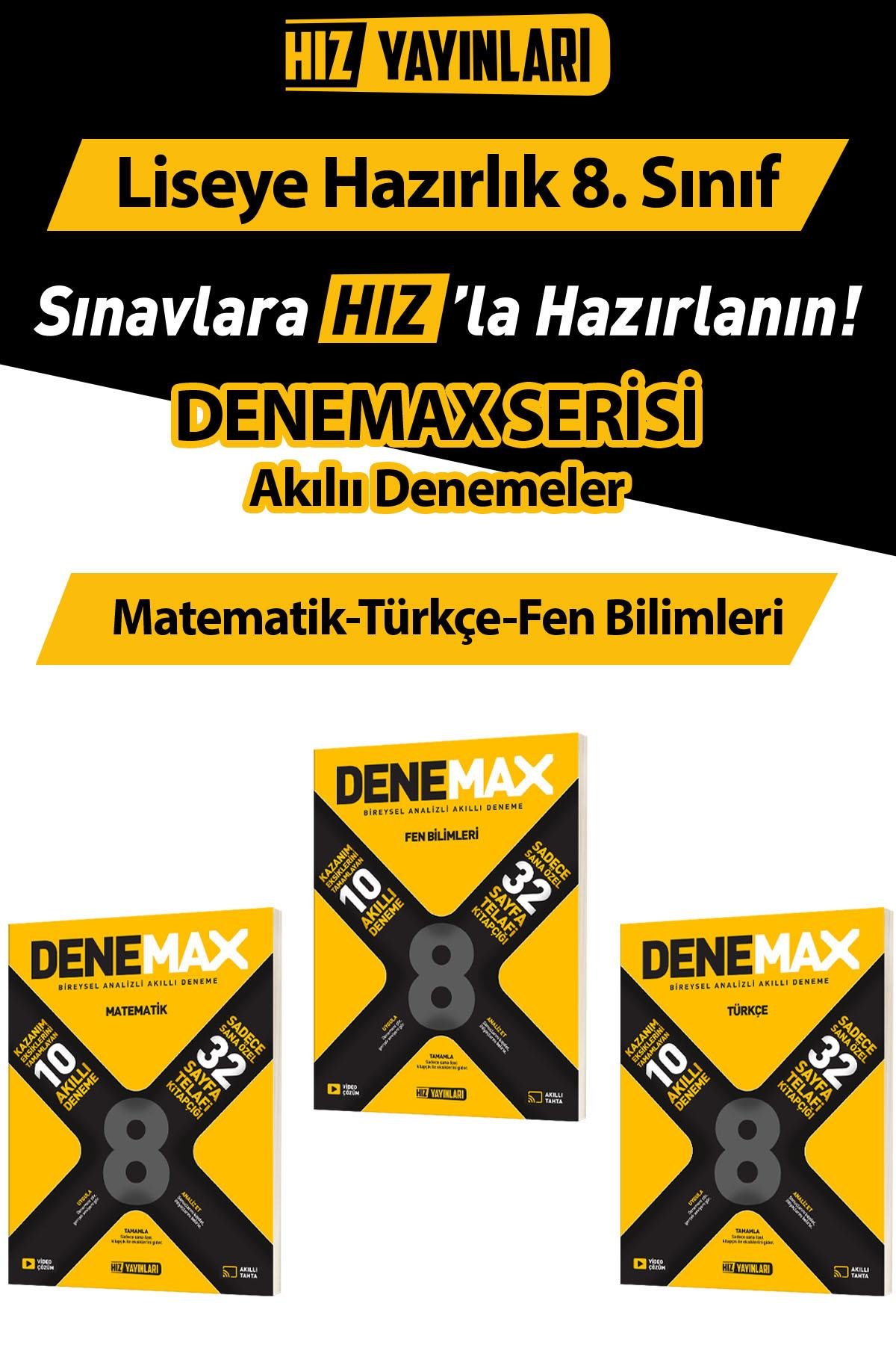 HIZ YAYINLARI 8.SINIF LGS HAZIRLIK Akıllı Deneme Türkçe-Matematik-Fen Bilimleri Seti 3 kaynak