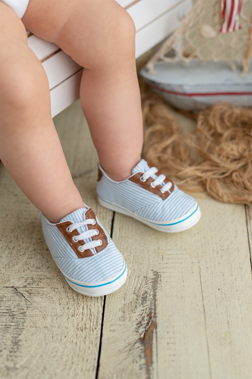 Mavi Çizgili Erkek Bebek Patik İlk Adım Ayakkabısı