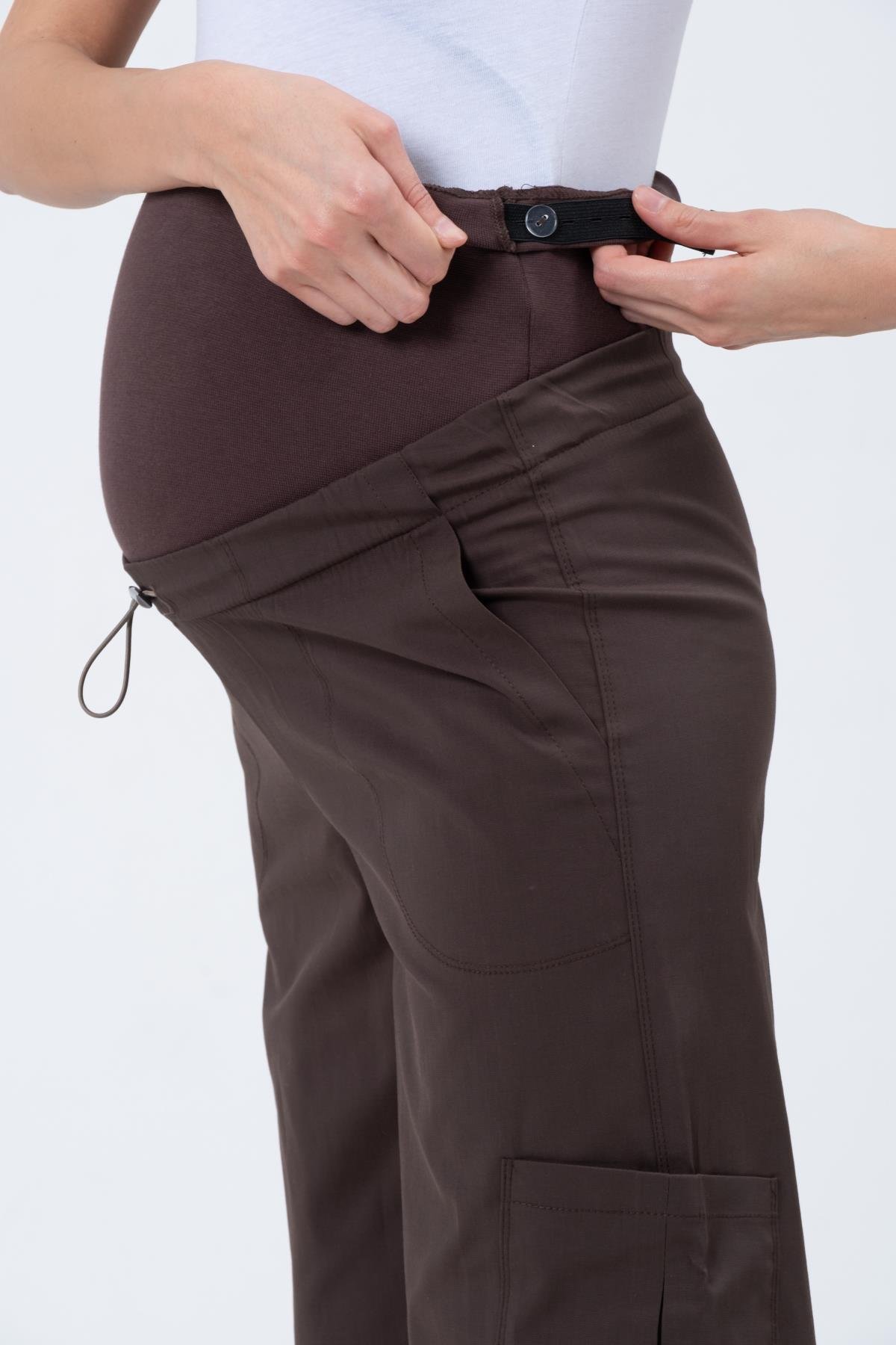 Busa Maternity Flexible Belly Band Waist Adjustable Parachute Fabric Cargo  Pants BROWN