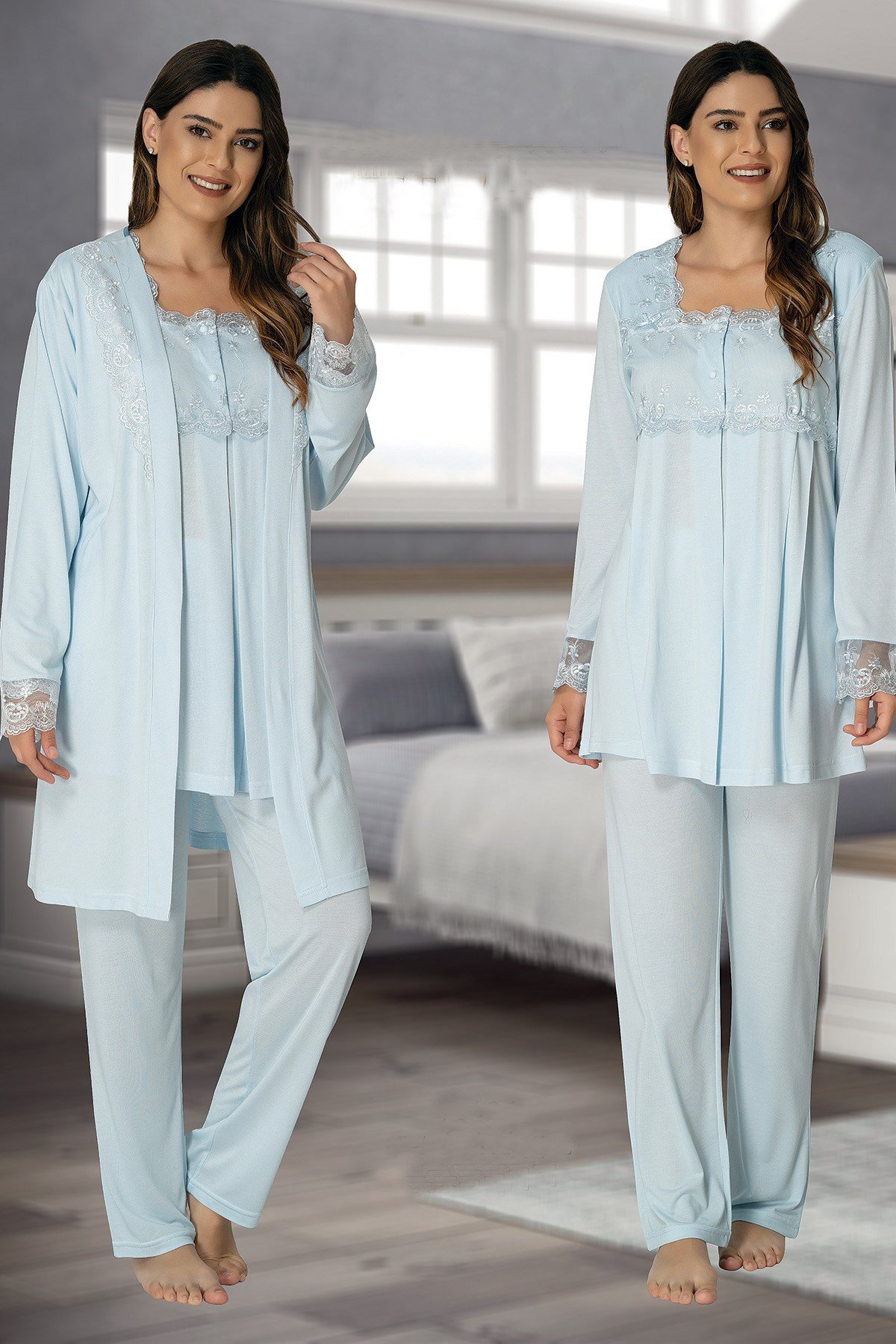 Effortt 2401 Mavi Sabahlıklı Lohusa Pijama Takımı - Lohusa Hamile