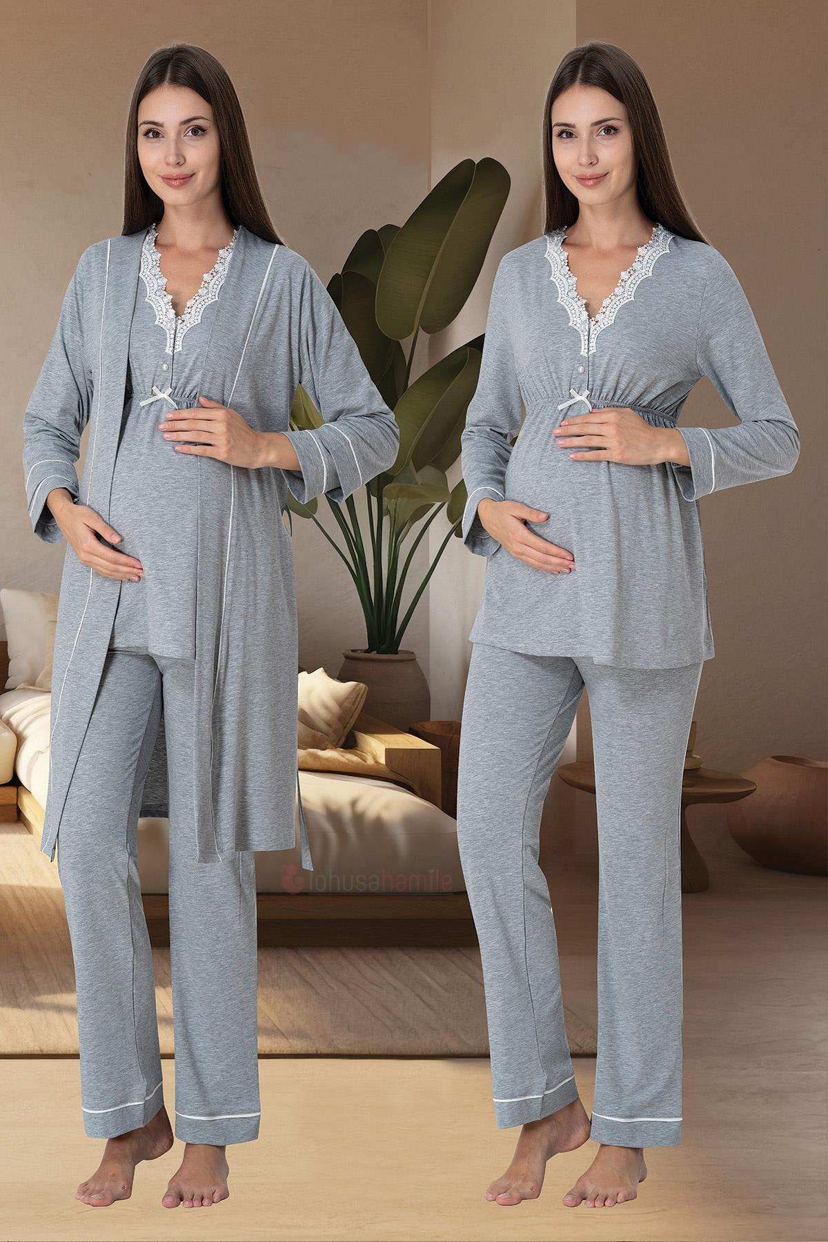 Effortt 3054 Gri Dantel Detaylı Sabahlıklı Lohusa Pijama Takımı