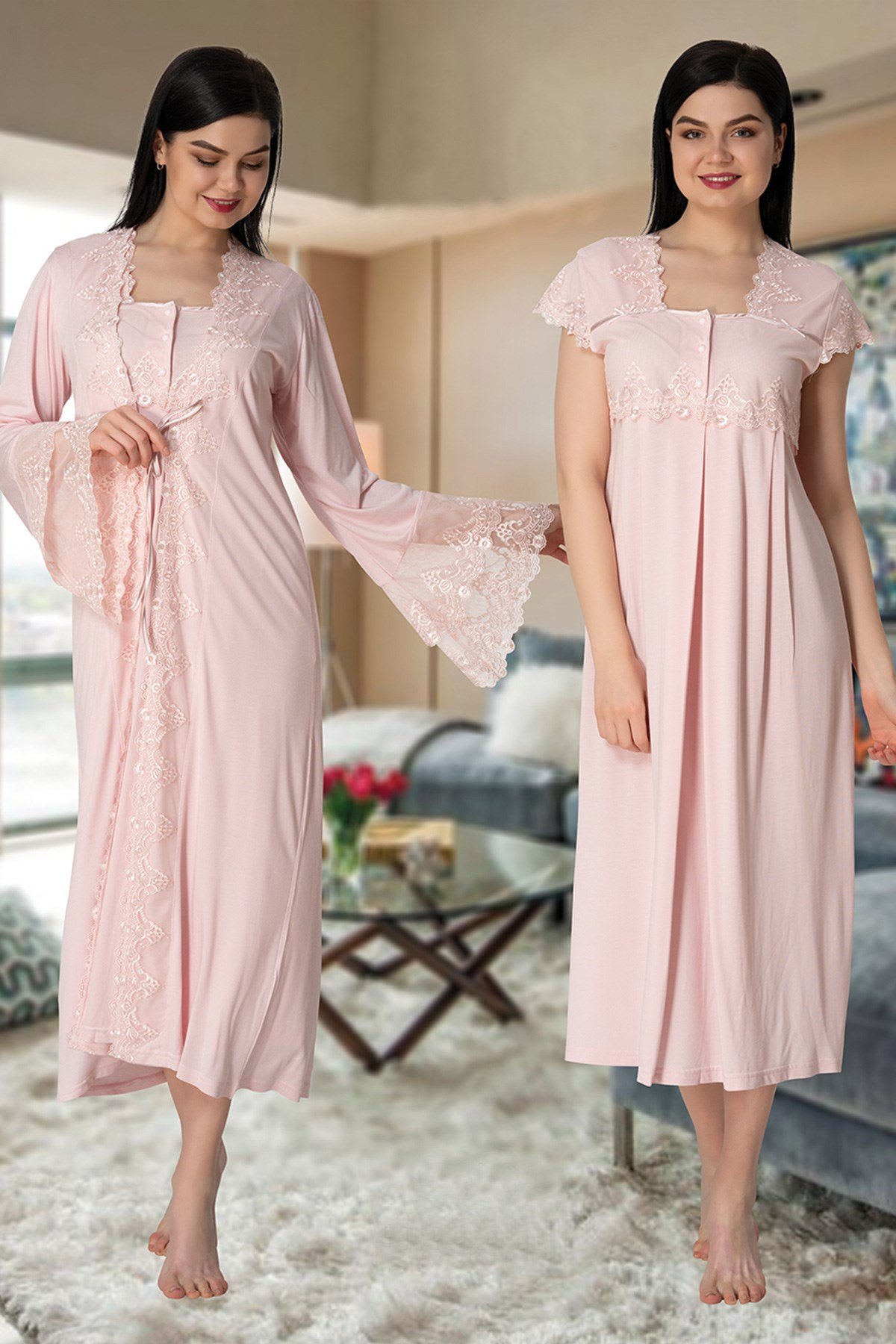 Effortt 5010 Long Princess Model Lace Detailed Maternity Nightgown with  Robe Set