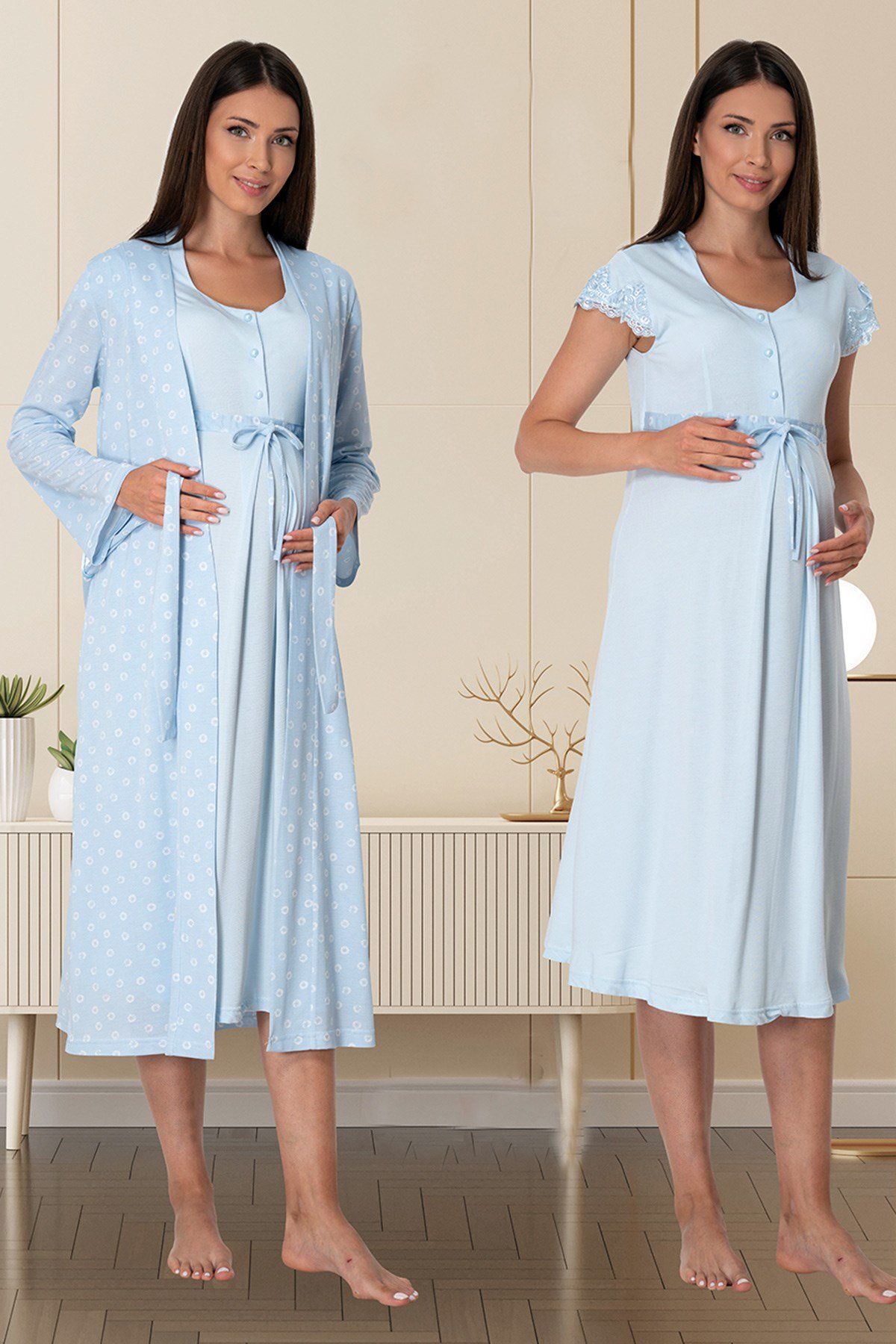 Effortt 6015 Blue Maternity Nightgown Sets with Robe