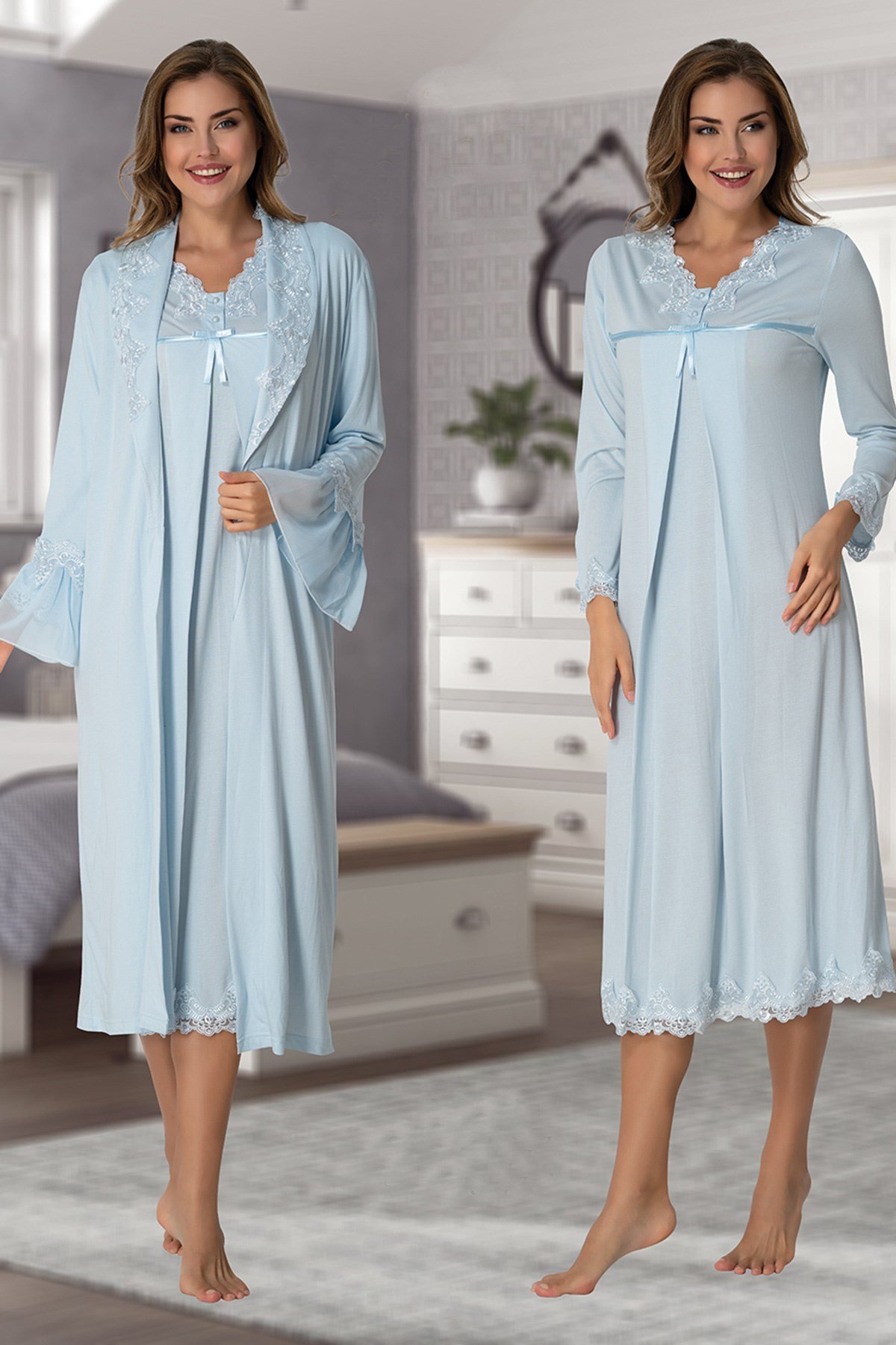 Effortt 7035 Baby Blue Lace Detailed Maternity Nightgown with Robe Set