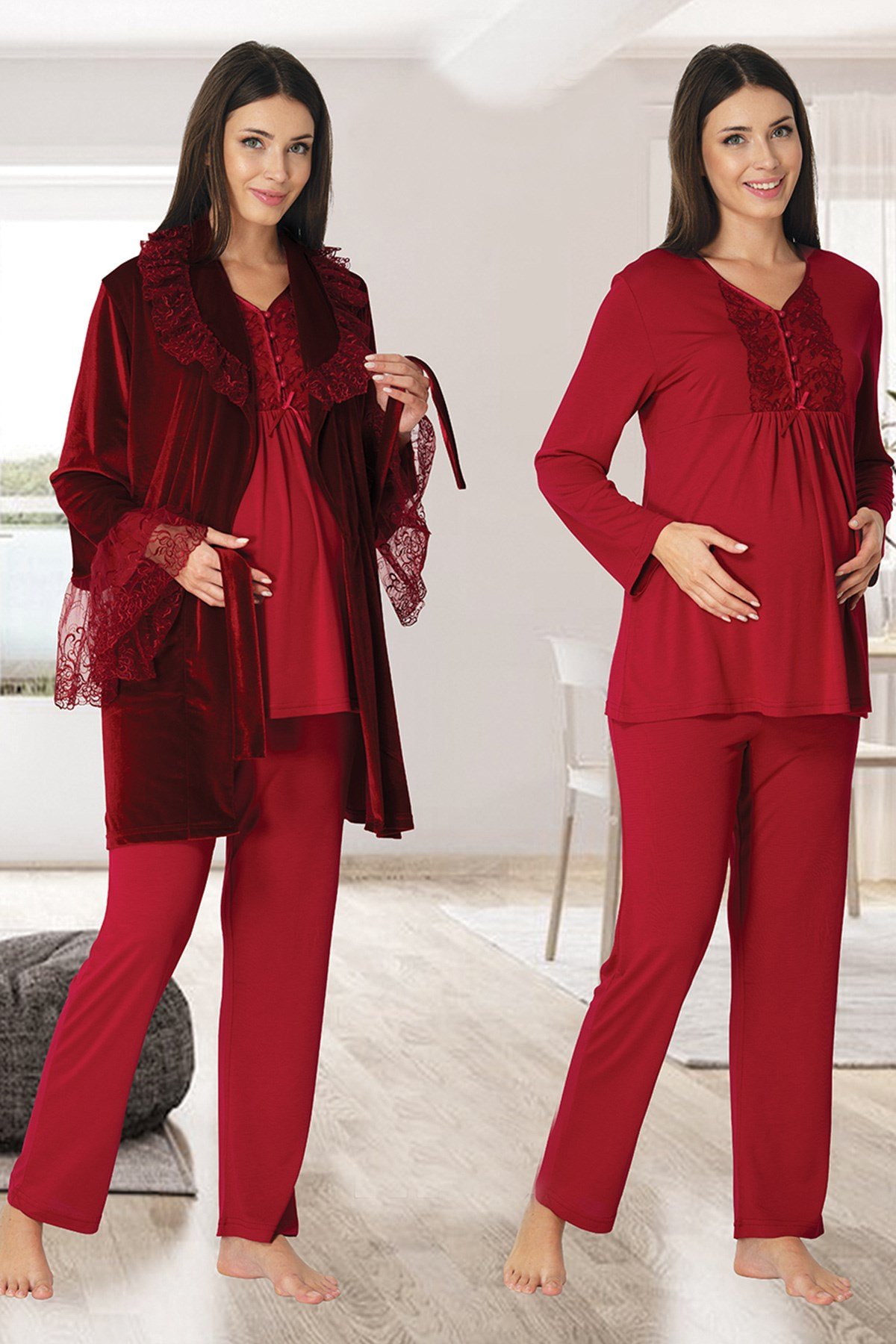 Effortt 8088 Cherry Red Velvet Lace Detailed Maternity Pajama with Robe Sets