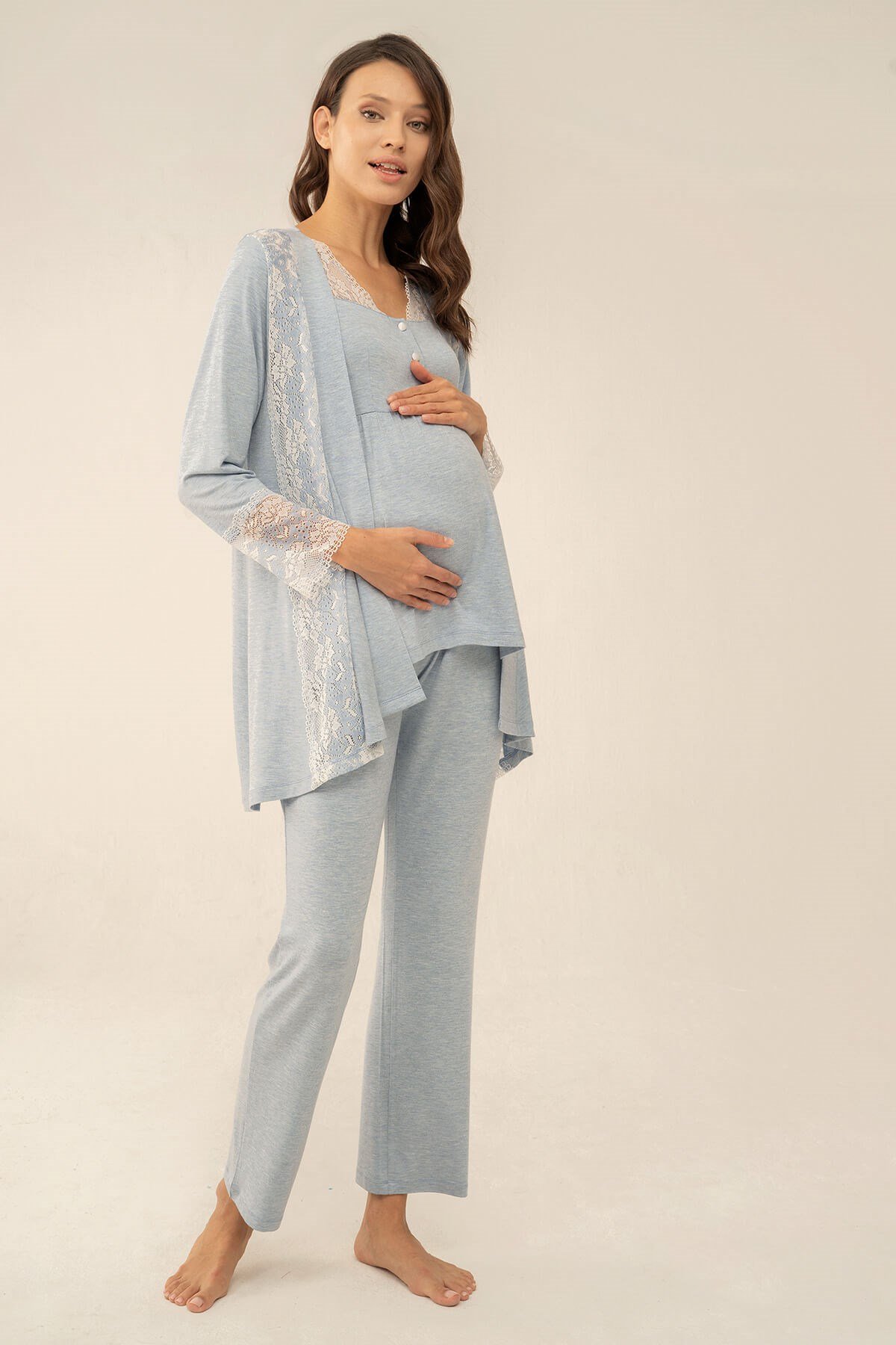 Feyza 4049 Blue Maternity Pajama with Lace Detailed Robe Set