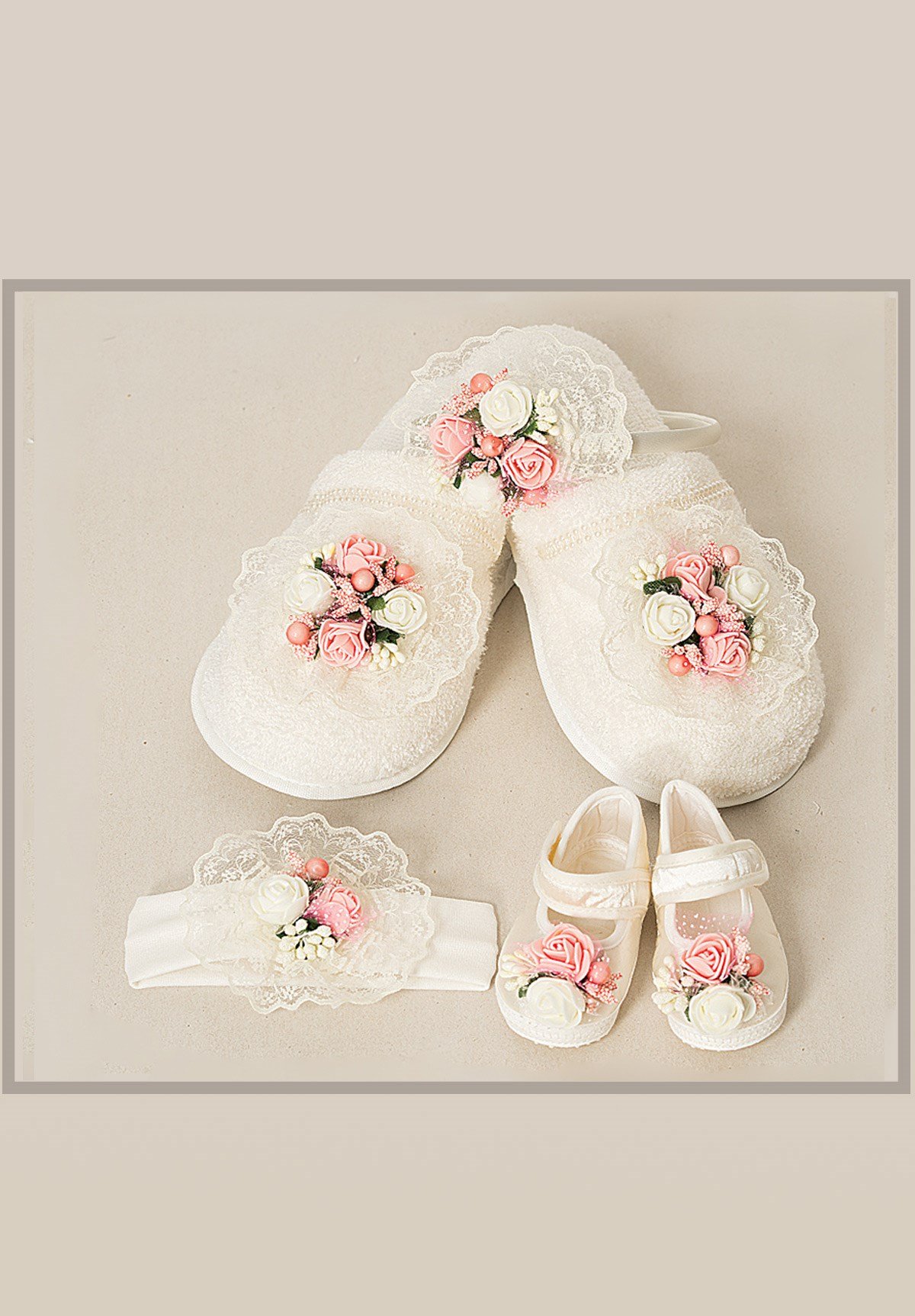 Lh 503 Baby Pink flower MomMy Baby Slipper and Crown Set - Lohusa Hamile
