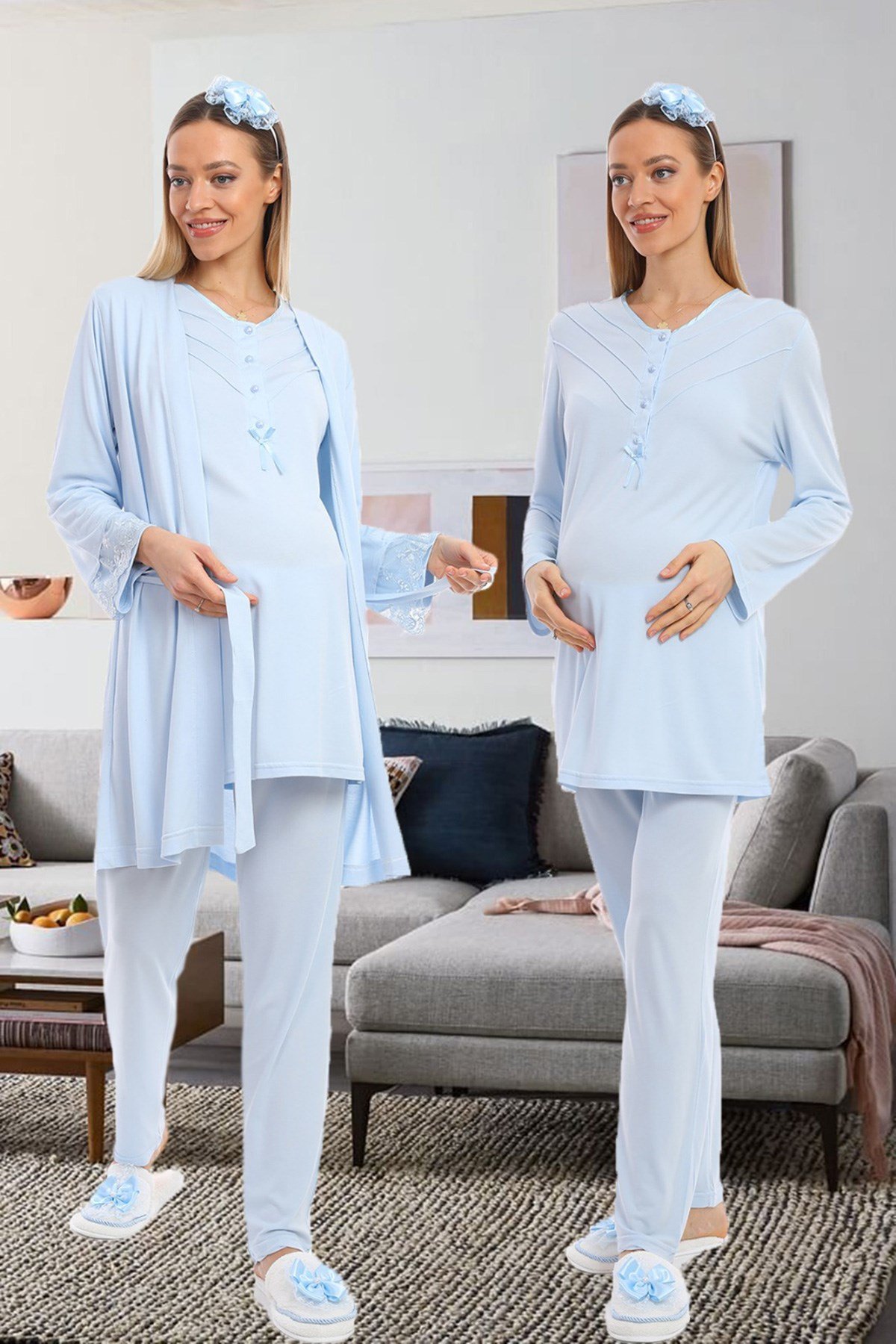 Lohusa Hamile 1094 Blue Maternity Nursing Pajamas Set with Robe