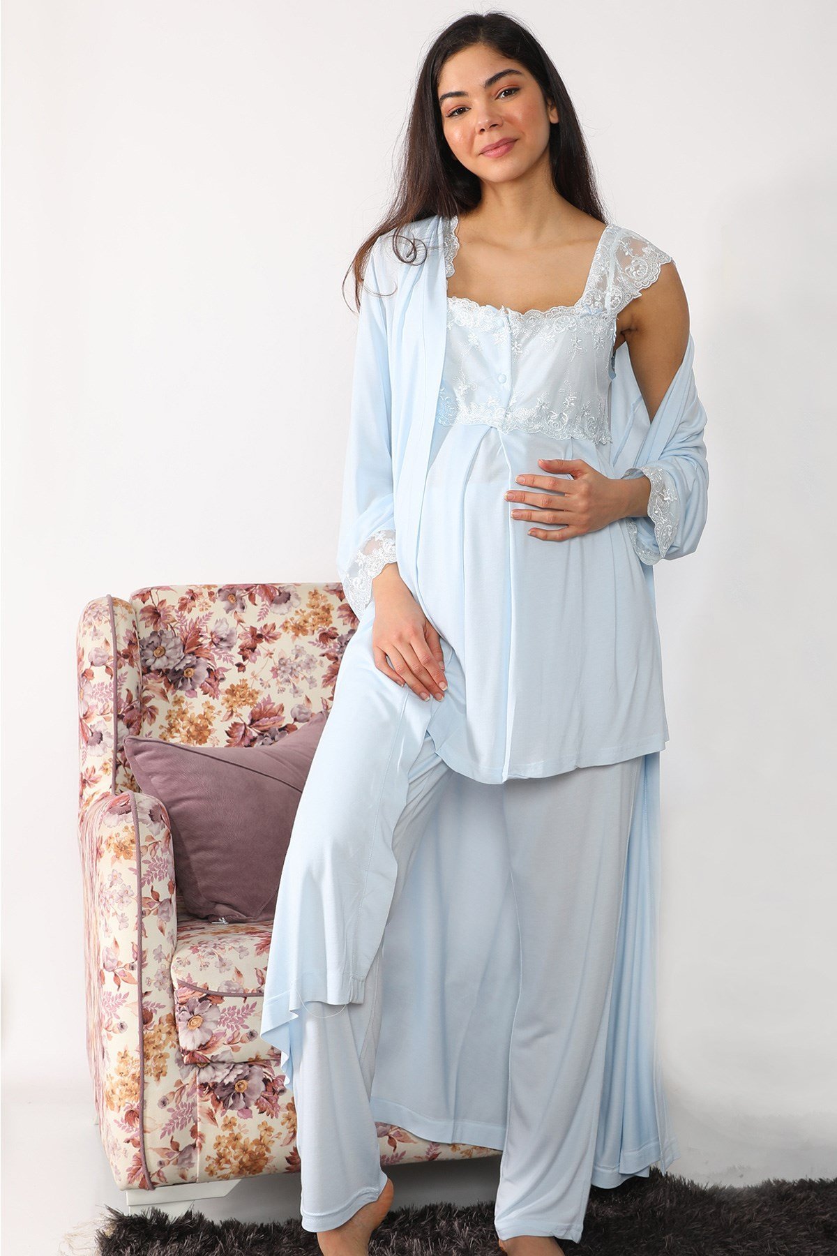 Lohusa Hamile 2501 Mavi Uzun Sabahlıklı Lohusa Pijama Takımı - Lohusa Hamile
