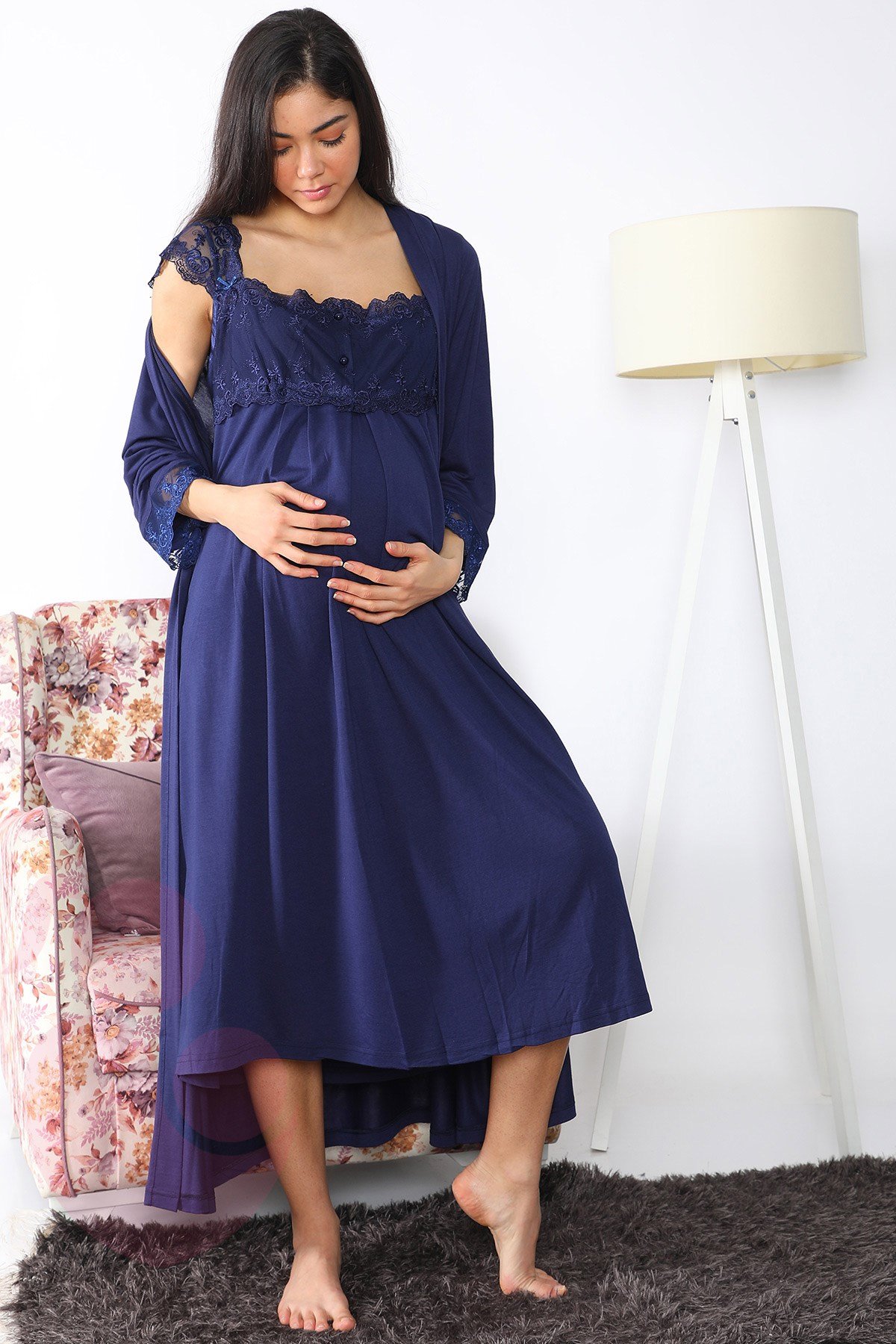 Lohusa Hamile 2502 Baby Blue Maternity Nightgown with Long Robe Set