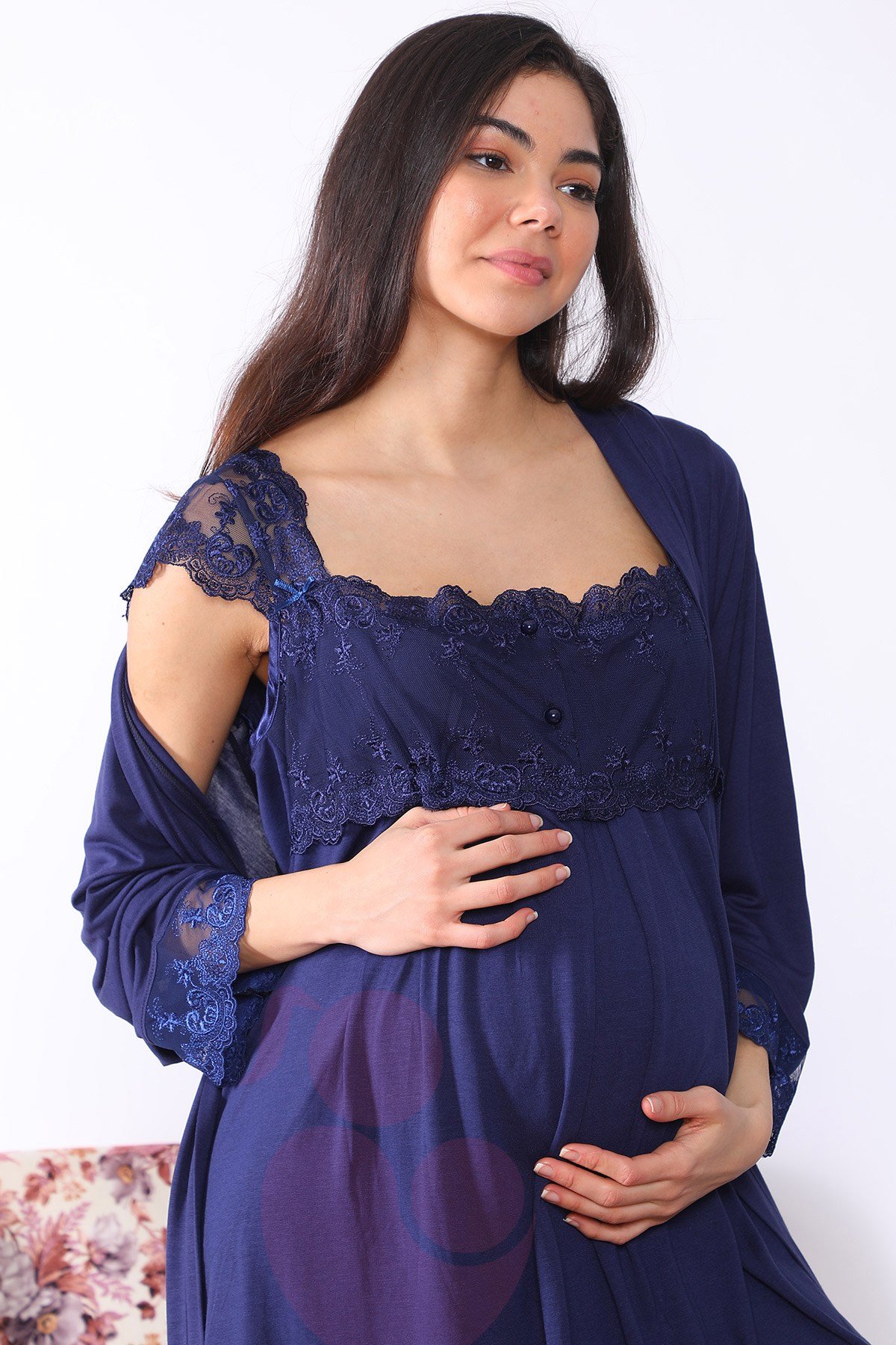 Lohusa Hamile 2502 Navy Blue Maternity Nightgown with Long Robe Set