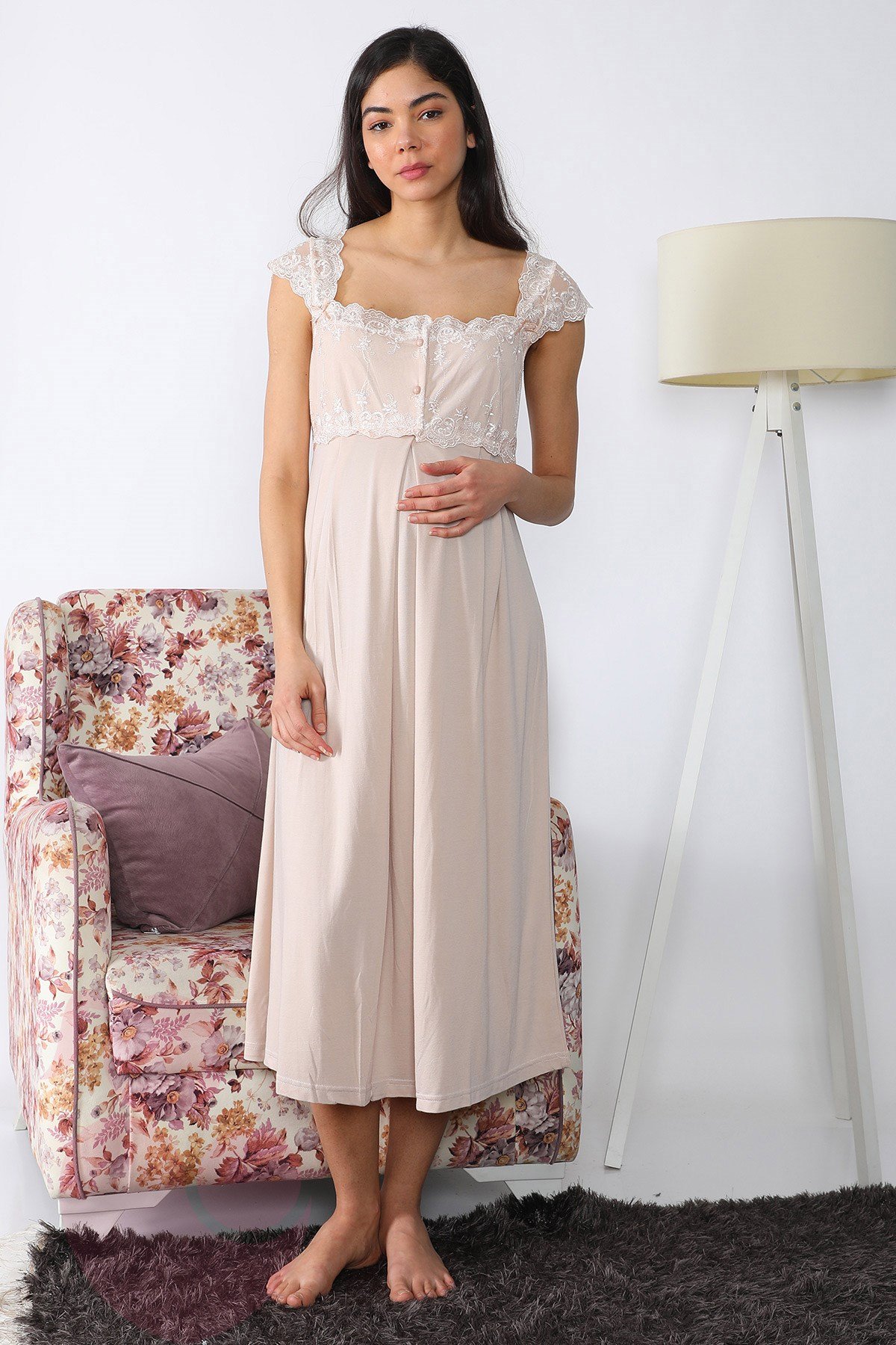 Lohusa Hamile 2502 Milky Brown Maternity Nightgown with Long Robe Set