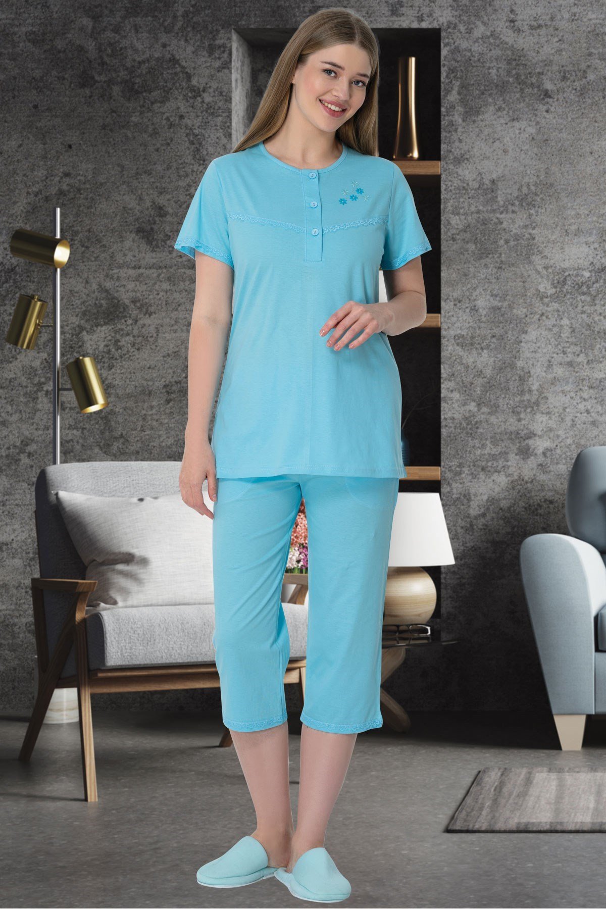 Mecit 5641 BLUE Big Size Capri Women Pajamas Set