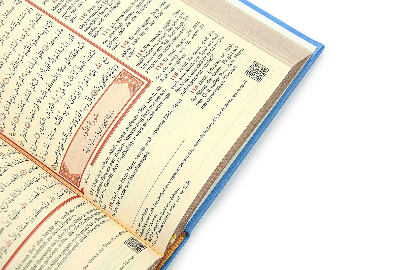 Almanca Mealli Medine Hatlı Kuranı Kerim ve Seccade Seti Mavi