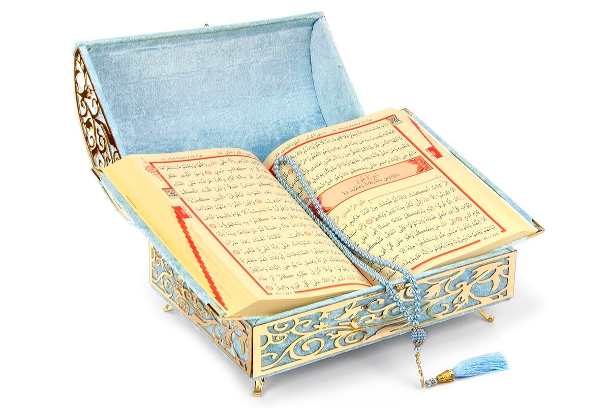 Kadife Kaplı Define Sandıklı Kişiye Özel Hediyelik Kuranı Kerim Seti Mavi