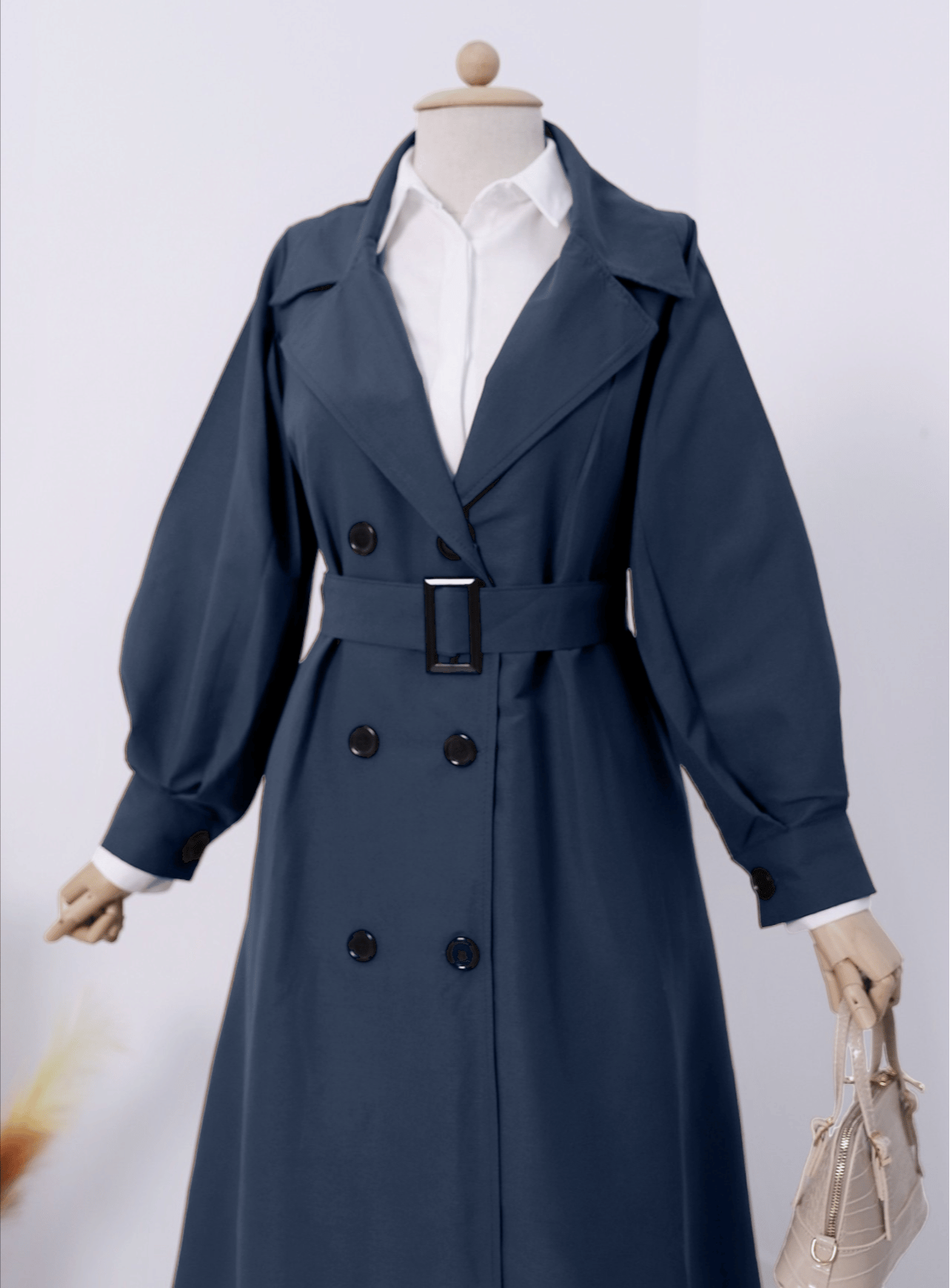 Balloon Sleeve Buckle Belted Trench Coat with Side Pockets