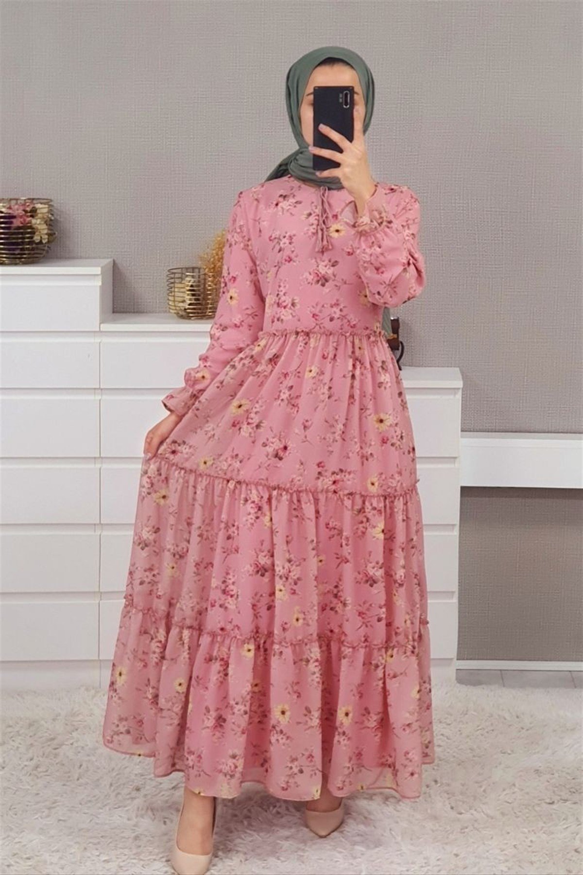 Çiçekli Şifon Elbise -Pembe | KaliteMall