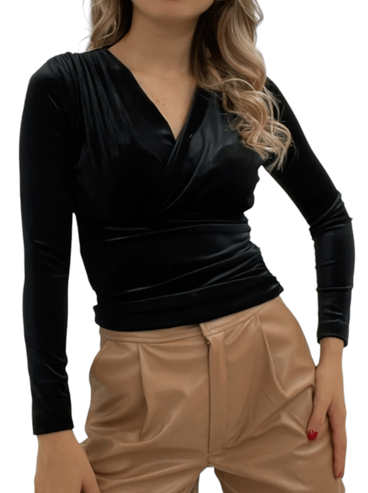 Kruvaze Model Kadife Bluz -Siyah | KaliteMall