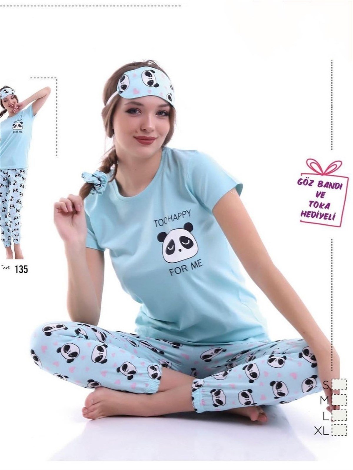 Panda Baskılı Paçası Lastikli Pijama Takım -Su Yeşili | KaliteMall