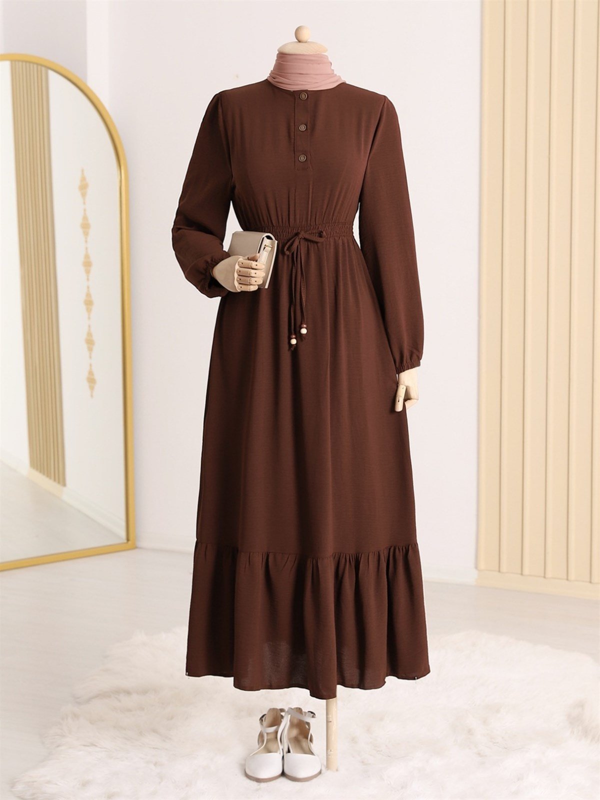 Yarım Düğmeli Beli Lastikli Ayrobin Elbise -Kahverengi | KaliteMall