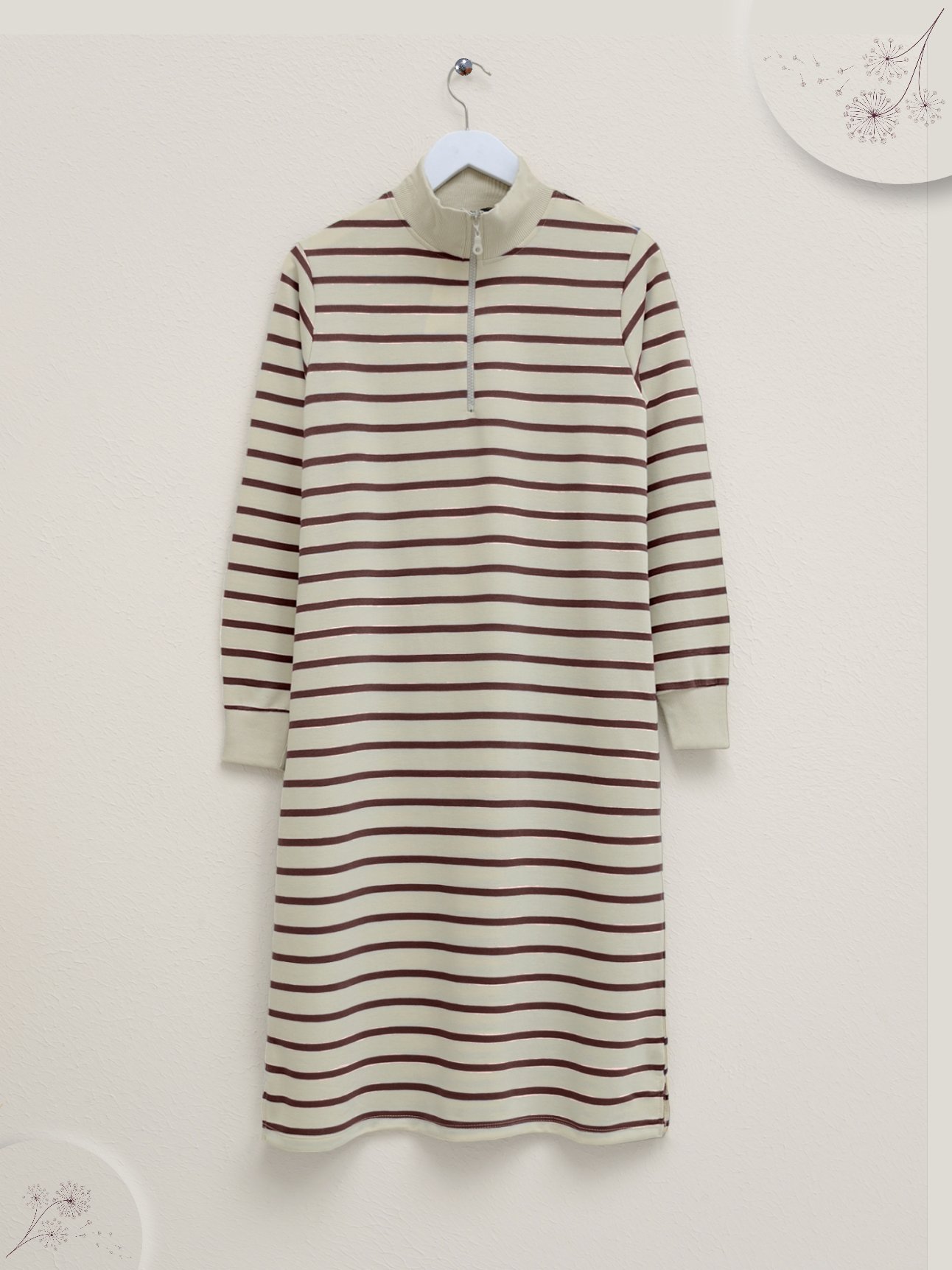 Half Zipper Slit Striped Tunic Brown KaliteMall