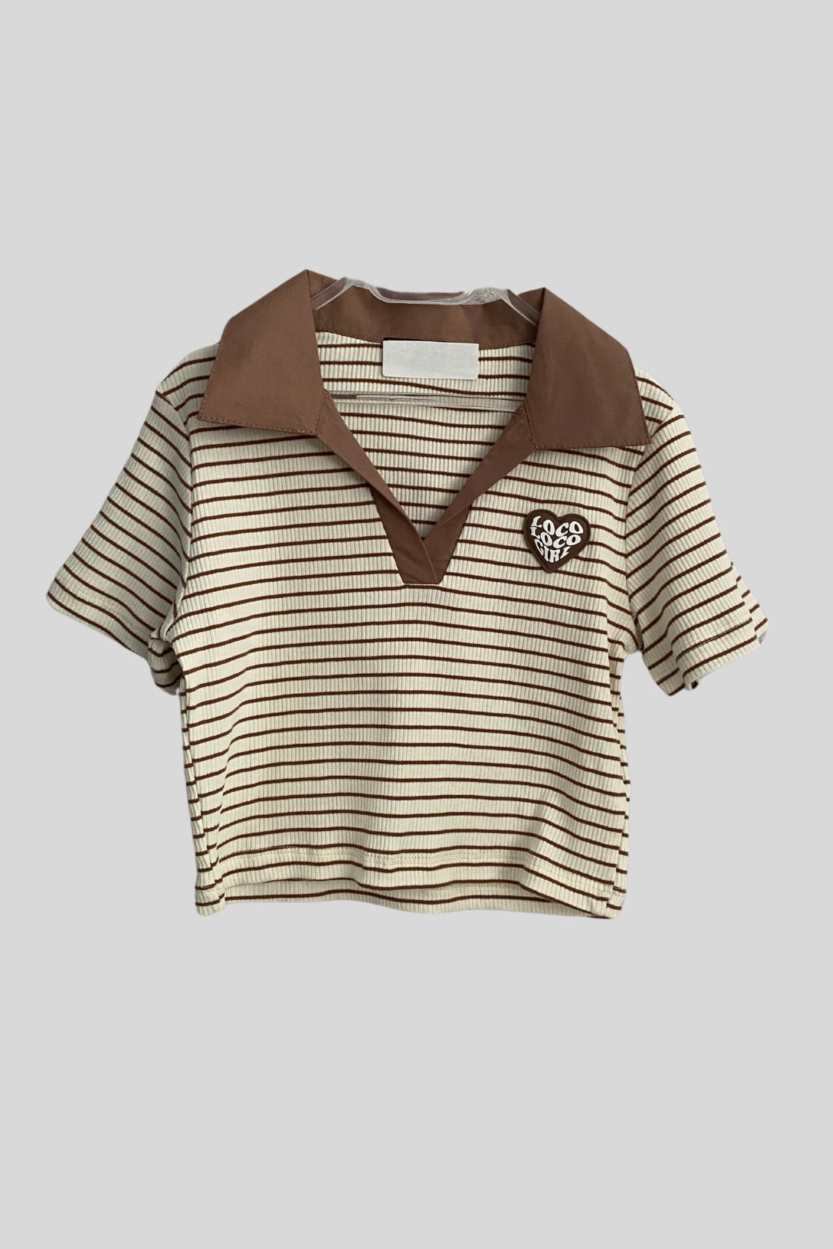 8-14 Yaş Polo Yaka Çizgili Crop Cappuccino