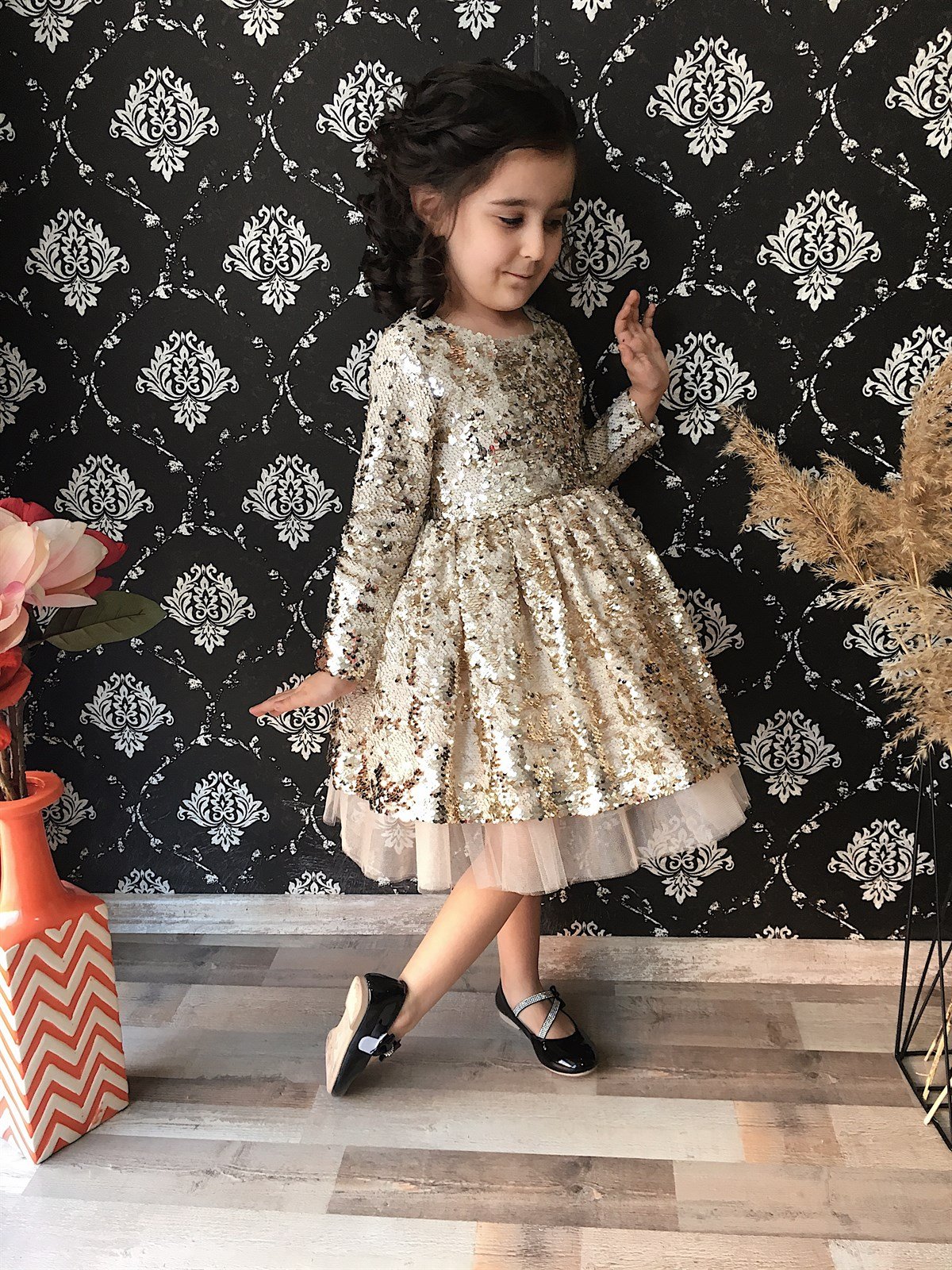 Çift Yön Pullu Uzun Kol Kız Çocuk Elbise Gold | Turuncugardrop.com