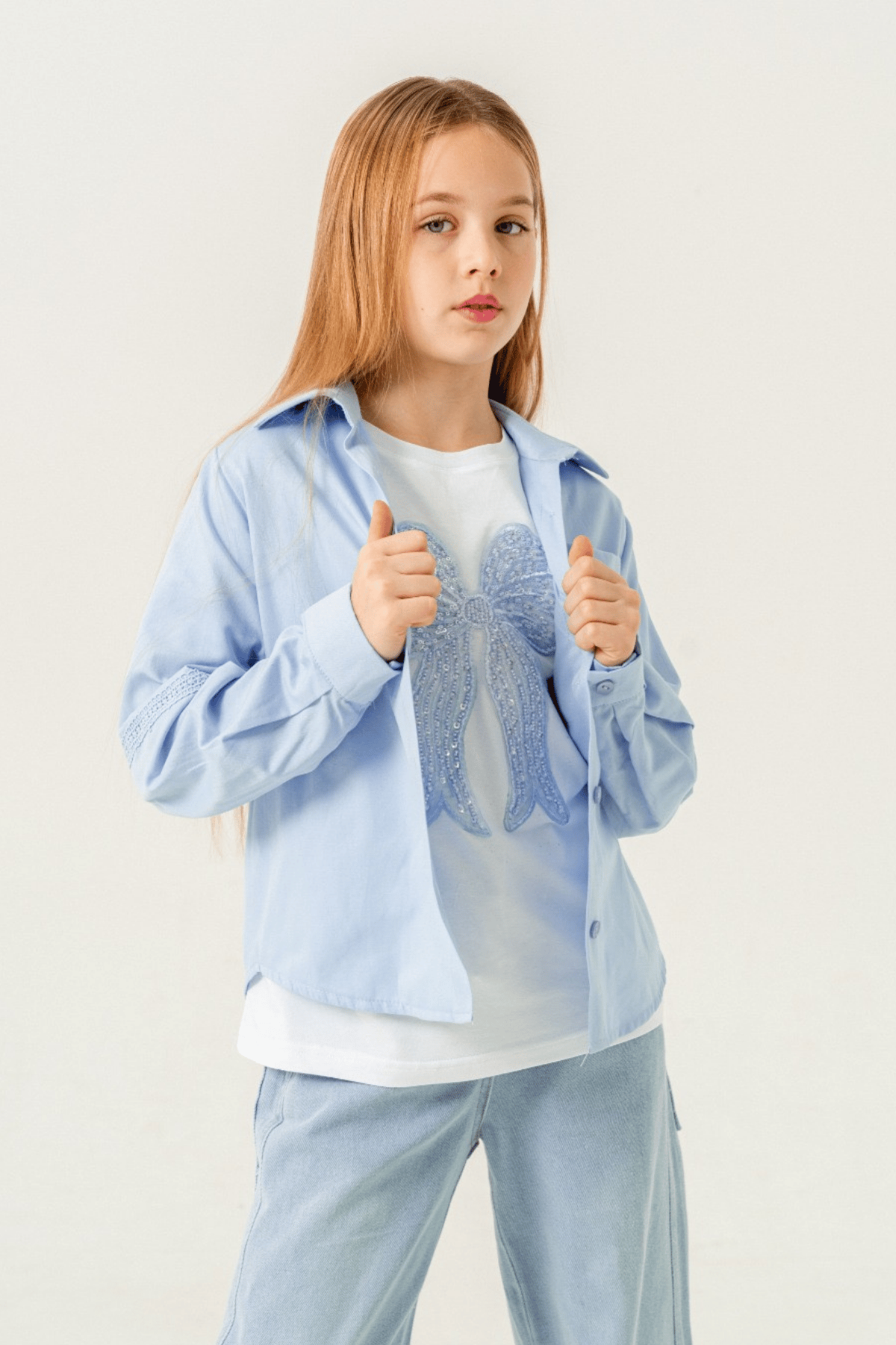 10-15 Yaş Taş İşlemeli Tişört Gömlek Set Mavi