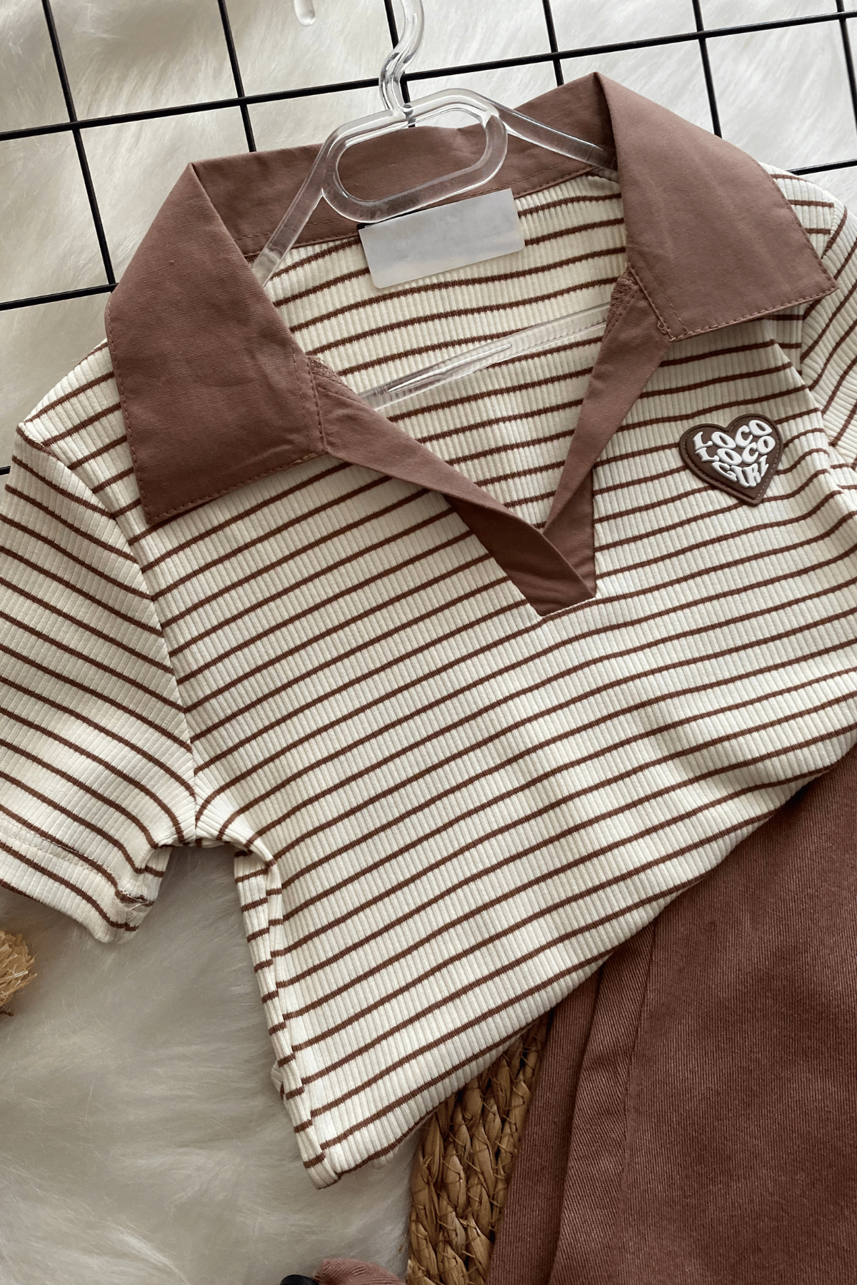 8-14 Yaş Polo Yaka Çizgili Crop Cappuccino