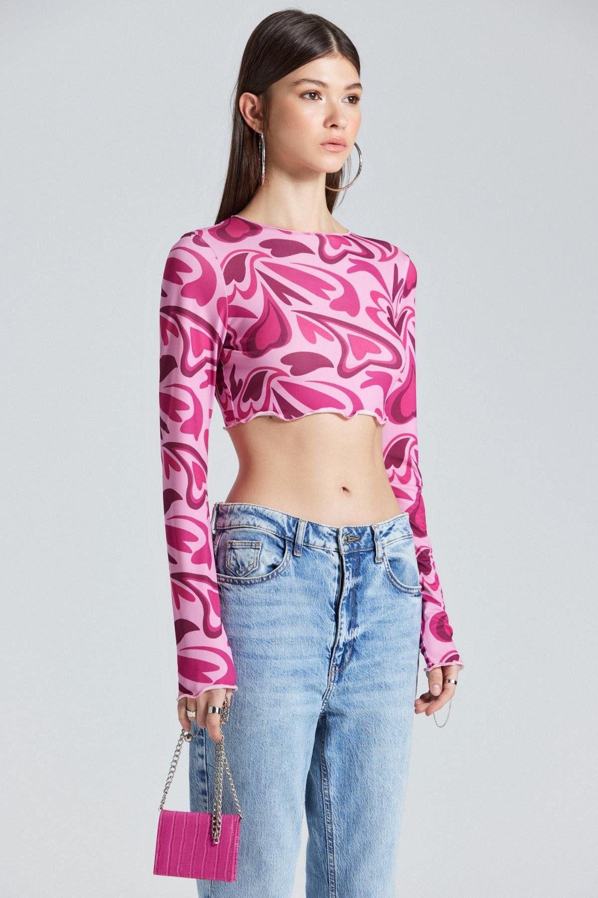 2418 Kalp Desenli Pembe Crop