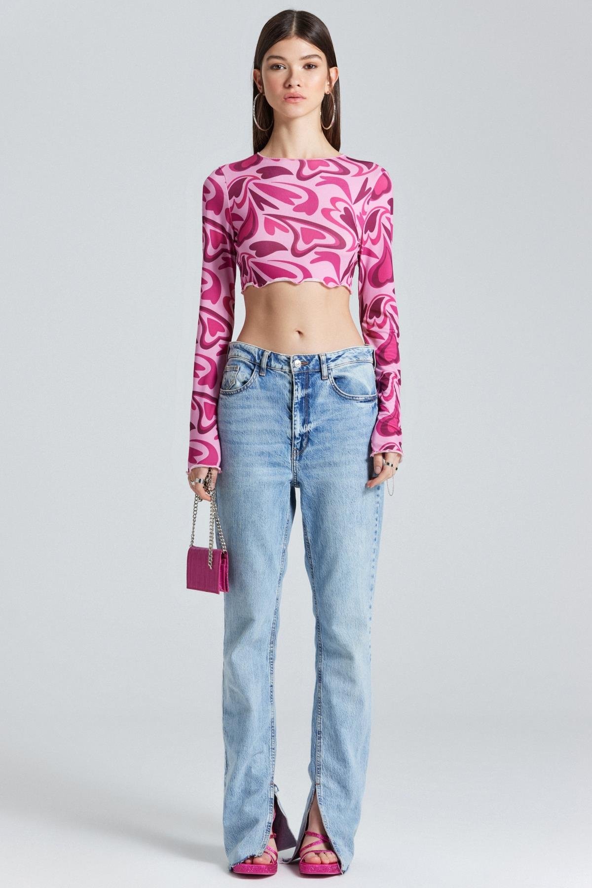 2418 Kalp Desenli Pembe Crop