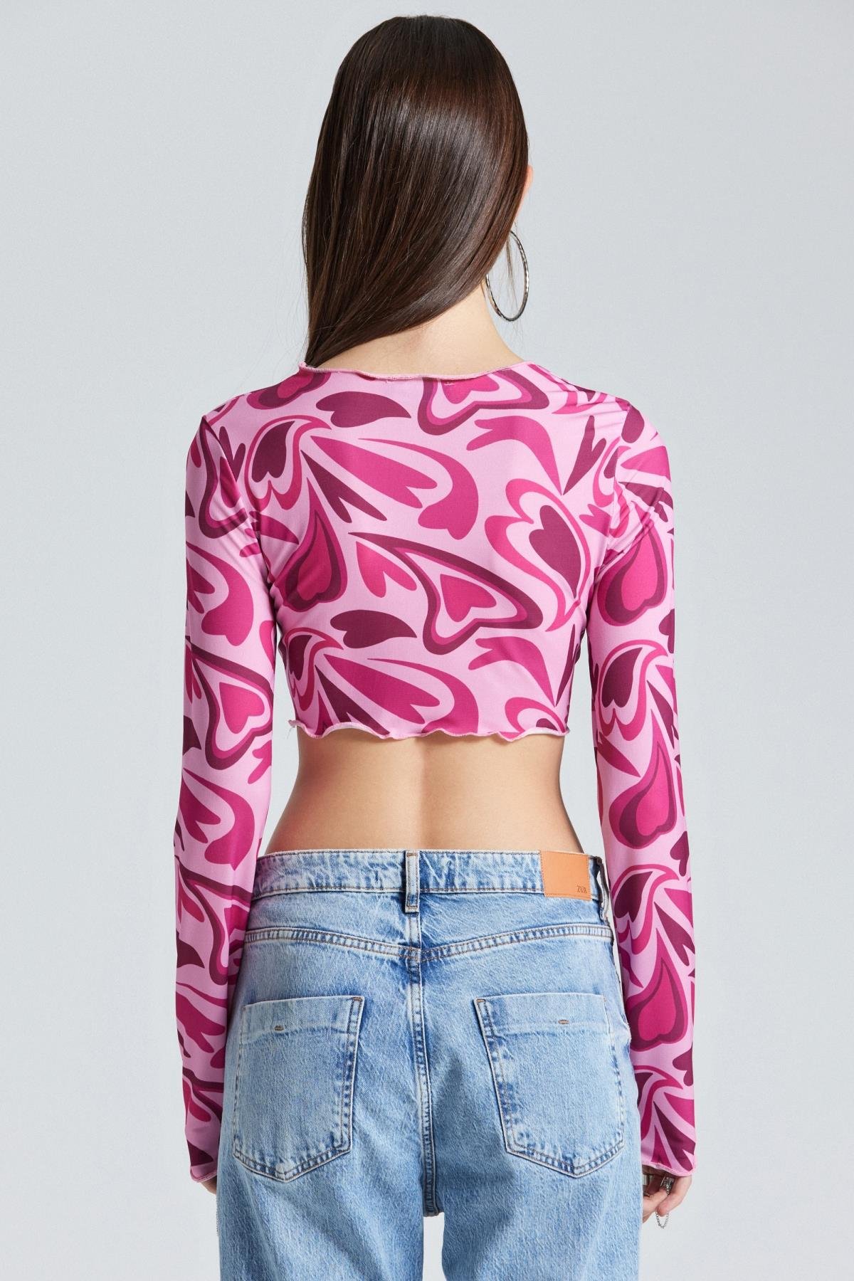 2418 Kalp Desenli Pembe Crop