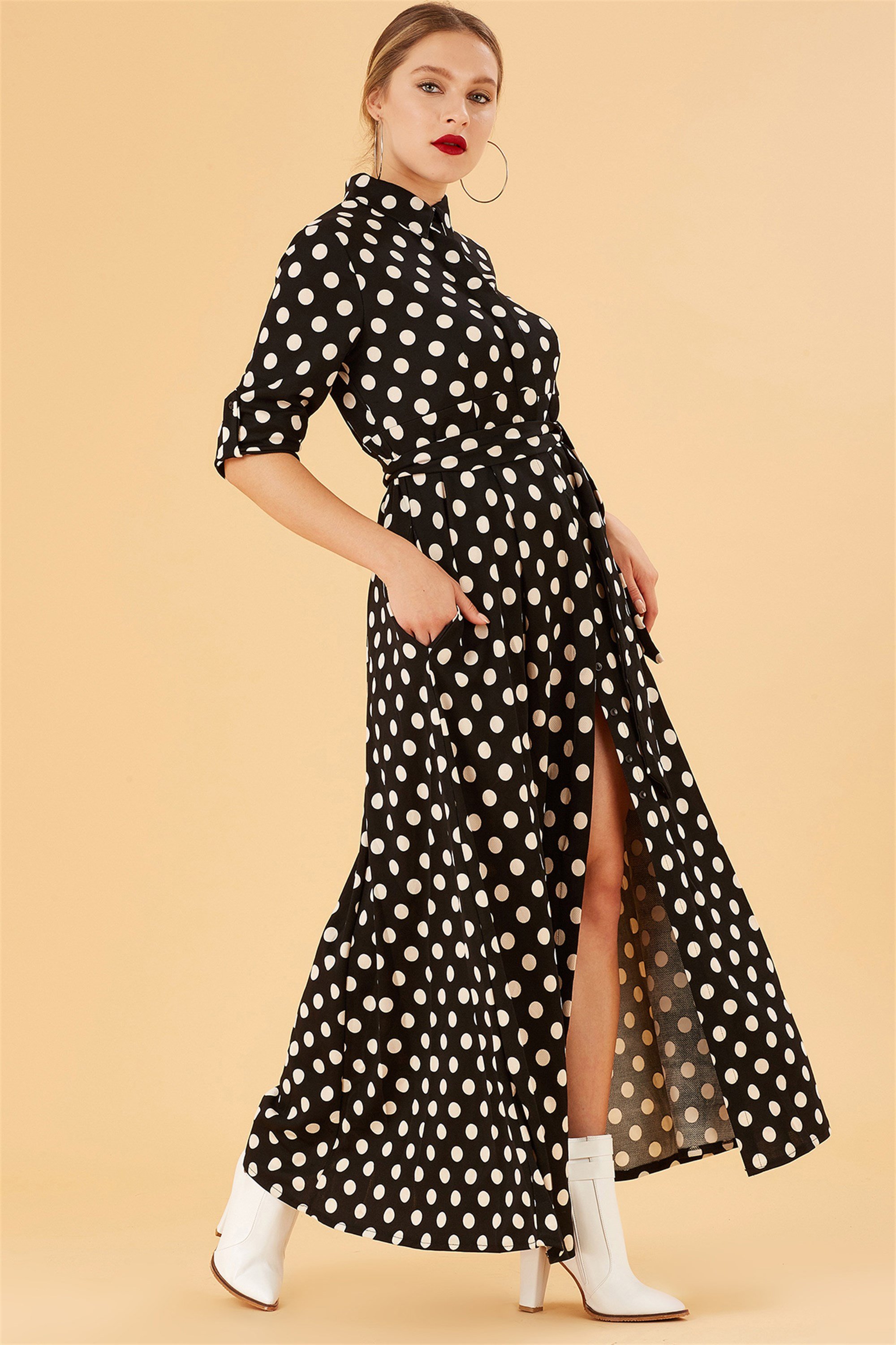 Krep Kumaş Siyah Beyaz Puantiyeli Kadın Elbise