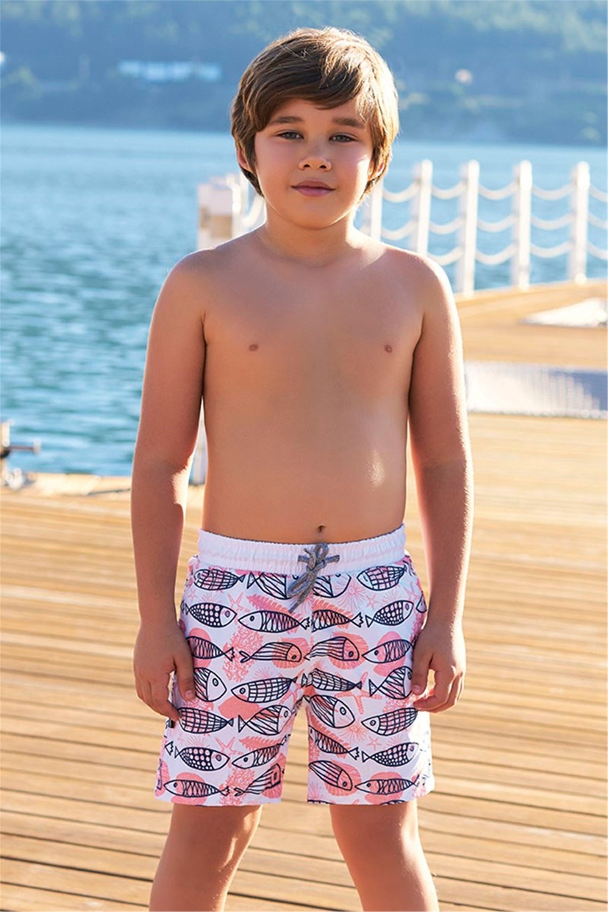 Erkek Çocuk Deniz Şortu, Balıklı Deniz Şortu G1063- Beyaz