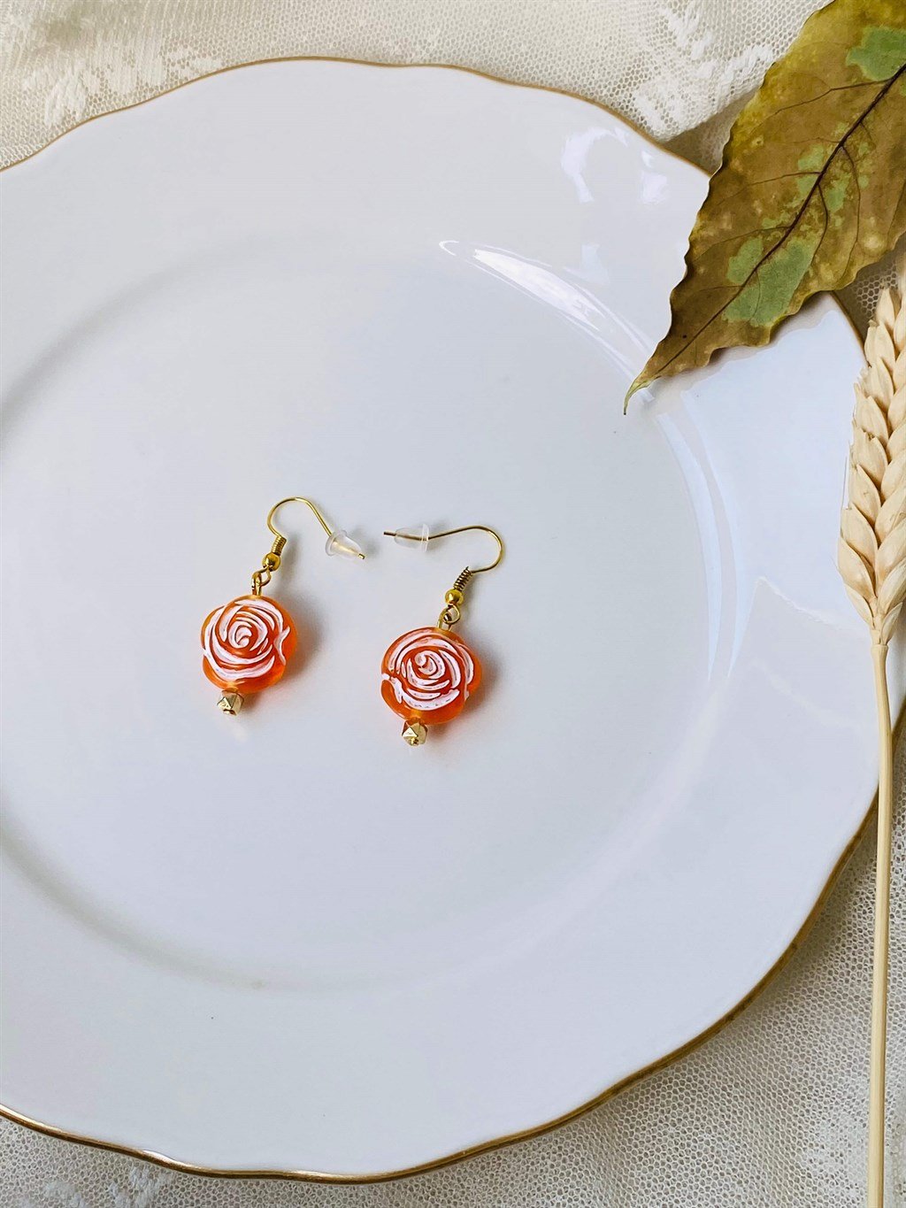 Retrobird Retro Model Rose Shaped Orange Colored Earrings Retrobird
