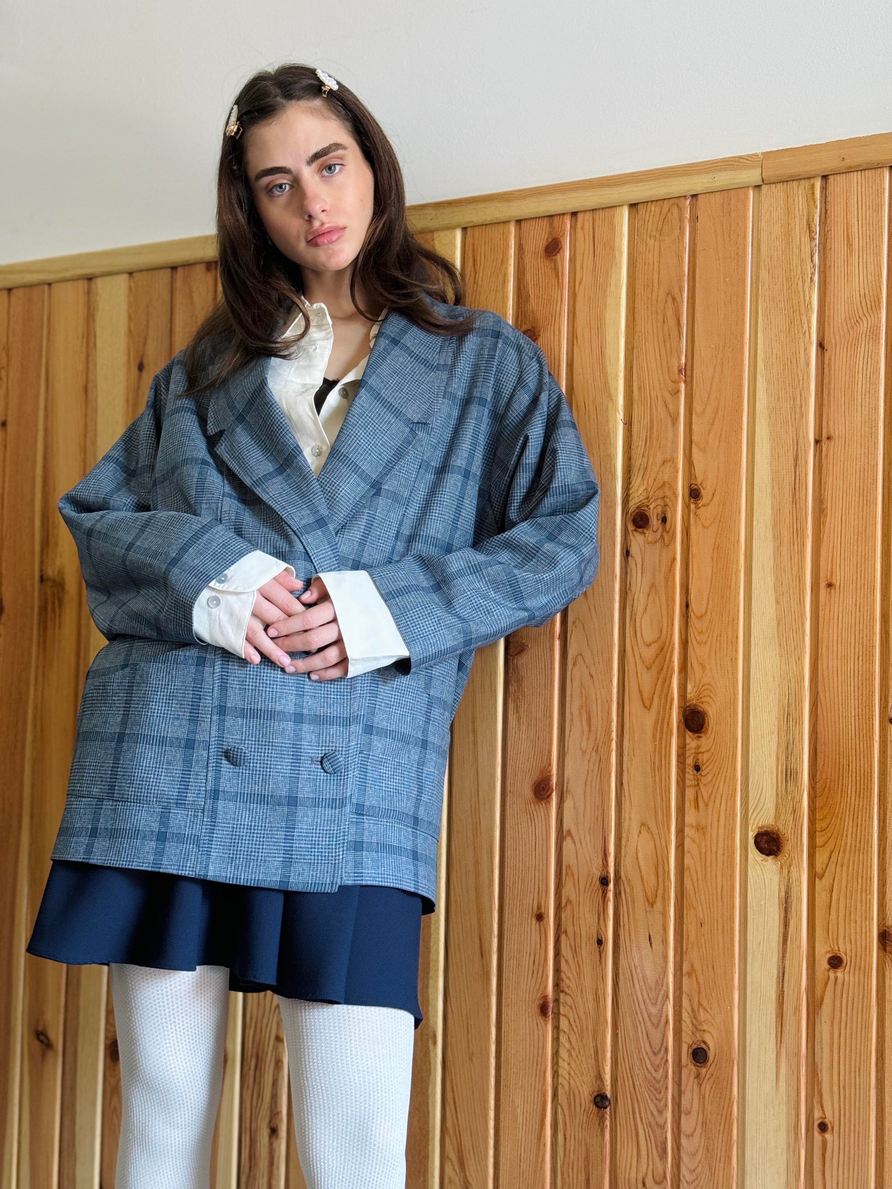 90s Retro Model Ash Blue Oversized Design Women's Plaid 90s Retro Model Ash Blue Oversized Design Women's Plaid