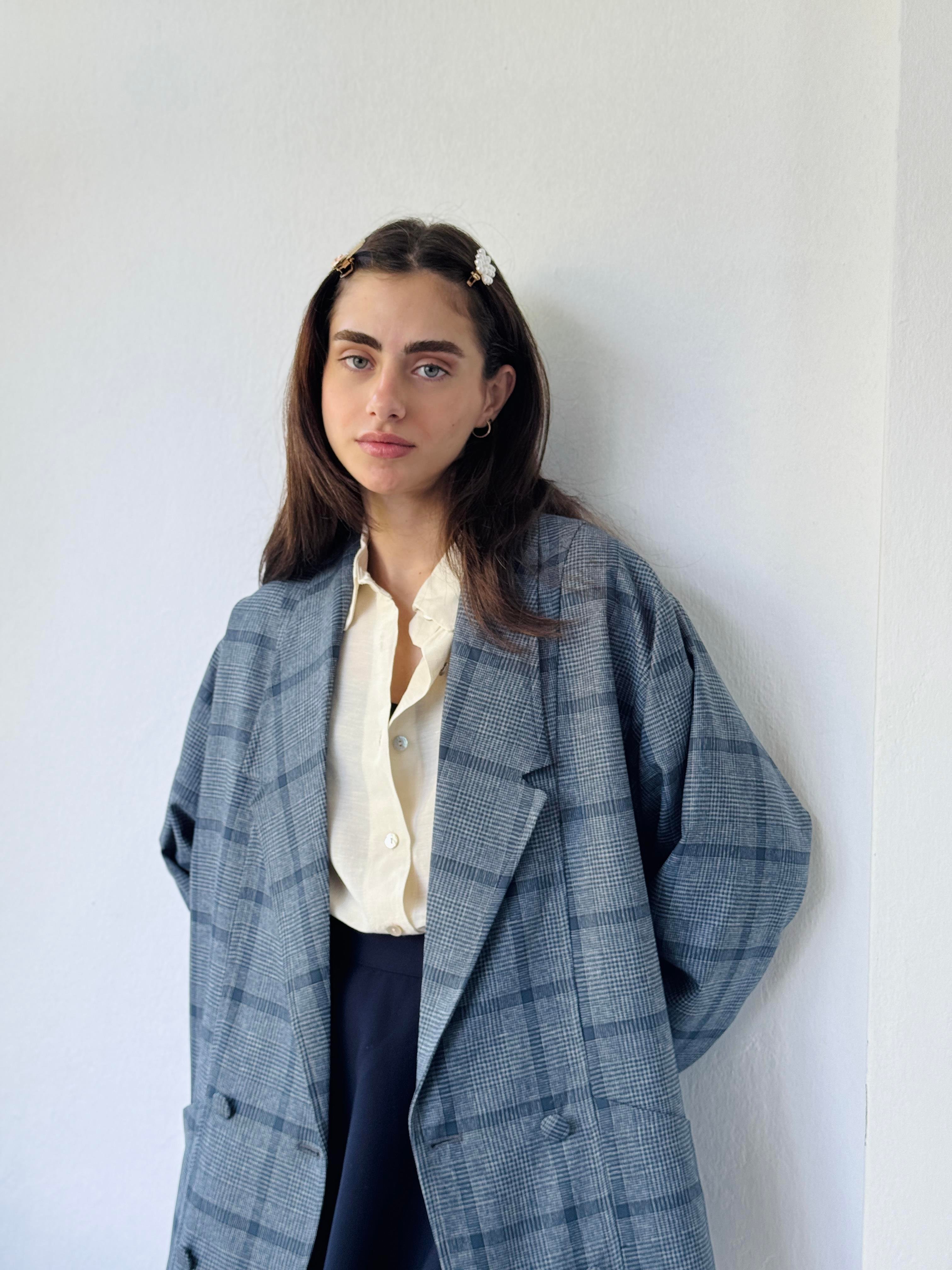 90s Retro Model Ash Blue Oversized Design Women's Plaid 90s Retro Model Ash Blue Oversized Design Women's Plaid