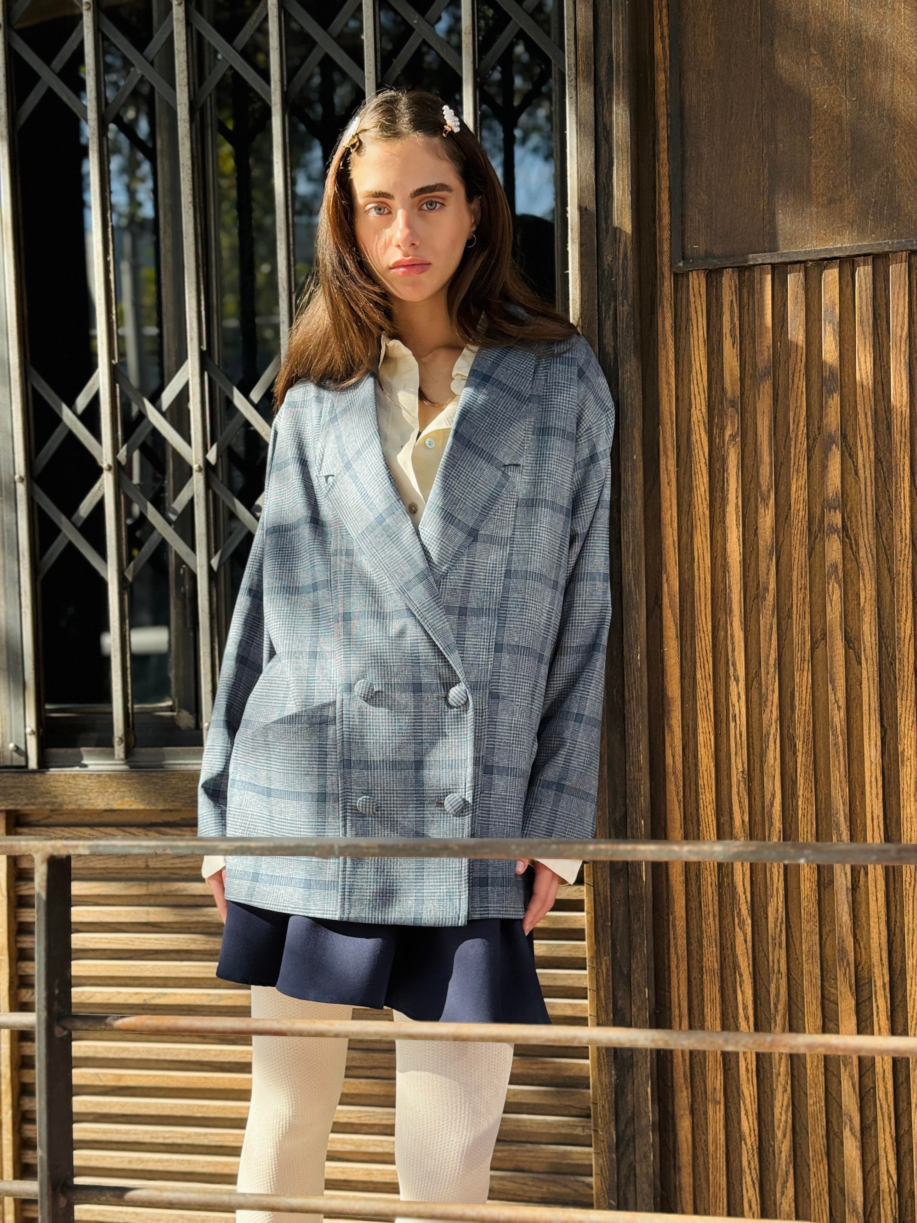 90s Retro Model Ash Blue Oversized Design Women's Plaid 90s Retro Model Ash Blue Oversized Design Women's Plaid