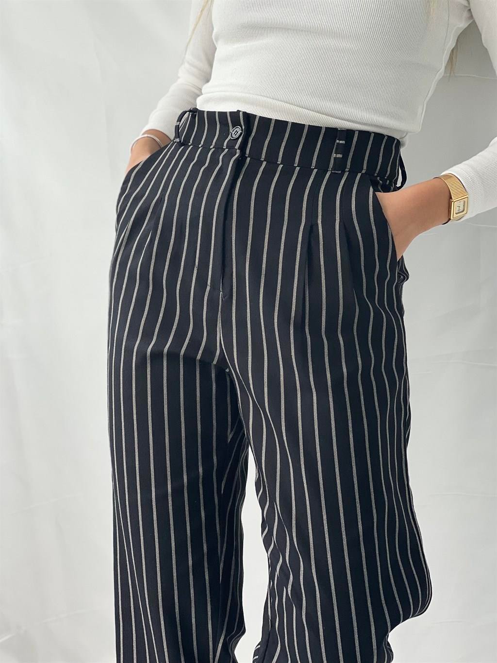 Designer Baggy Pleated Striped Black Women s Trousers Retrobird