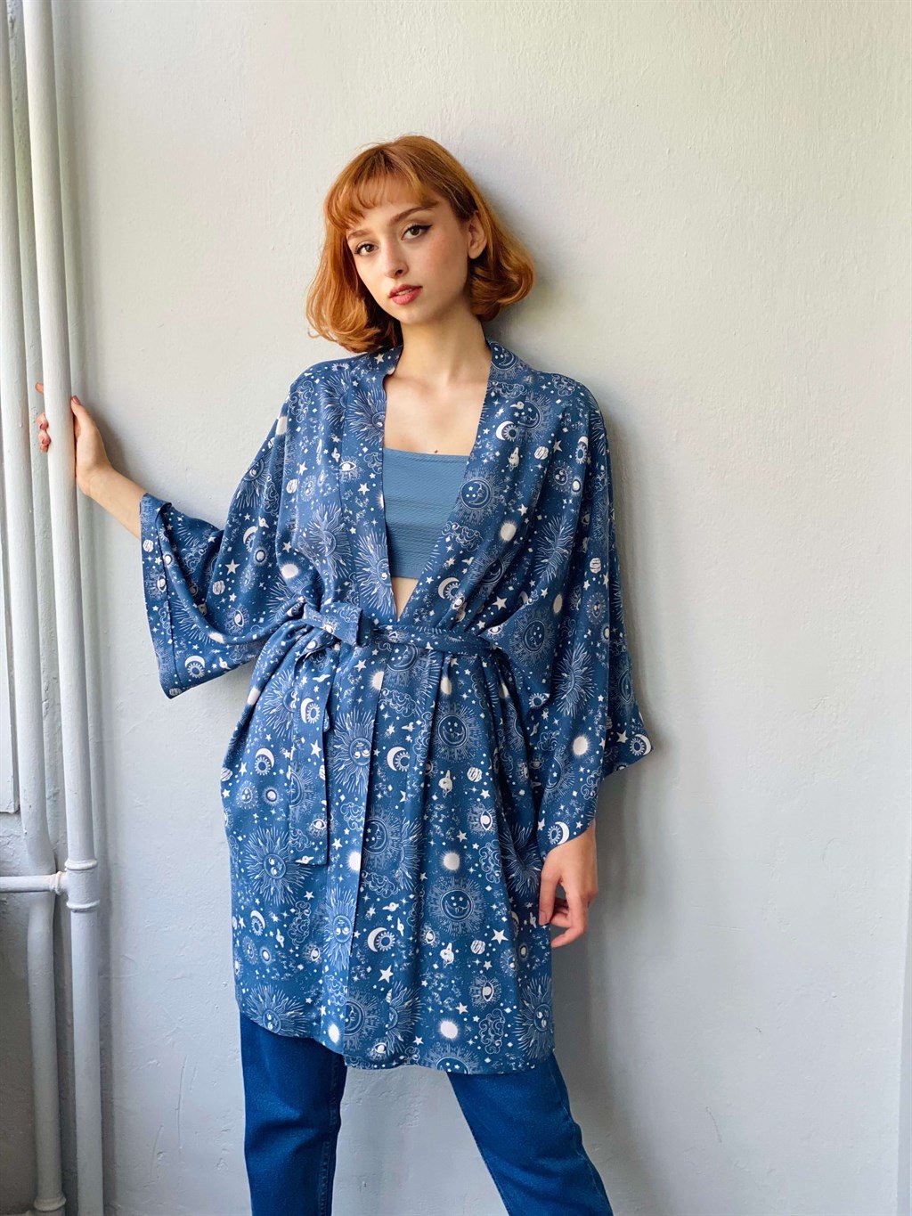 Retrobird Loose Fit Blue Colored Viscose Fabric Sun Patterned Women's  Garnished Standard Belted Kimono | Retrobird