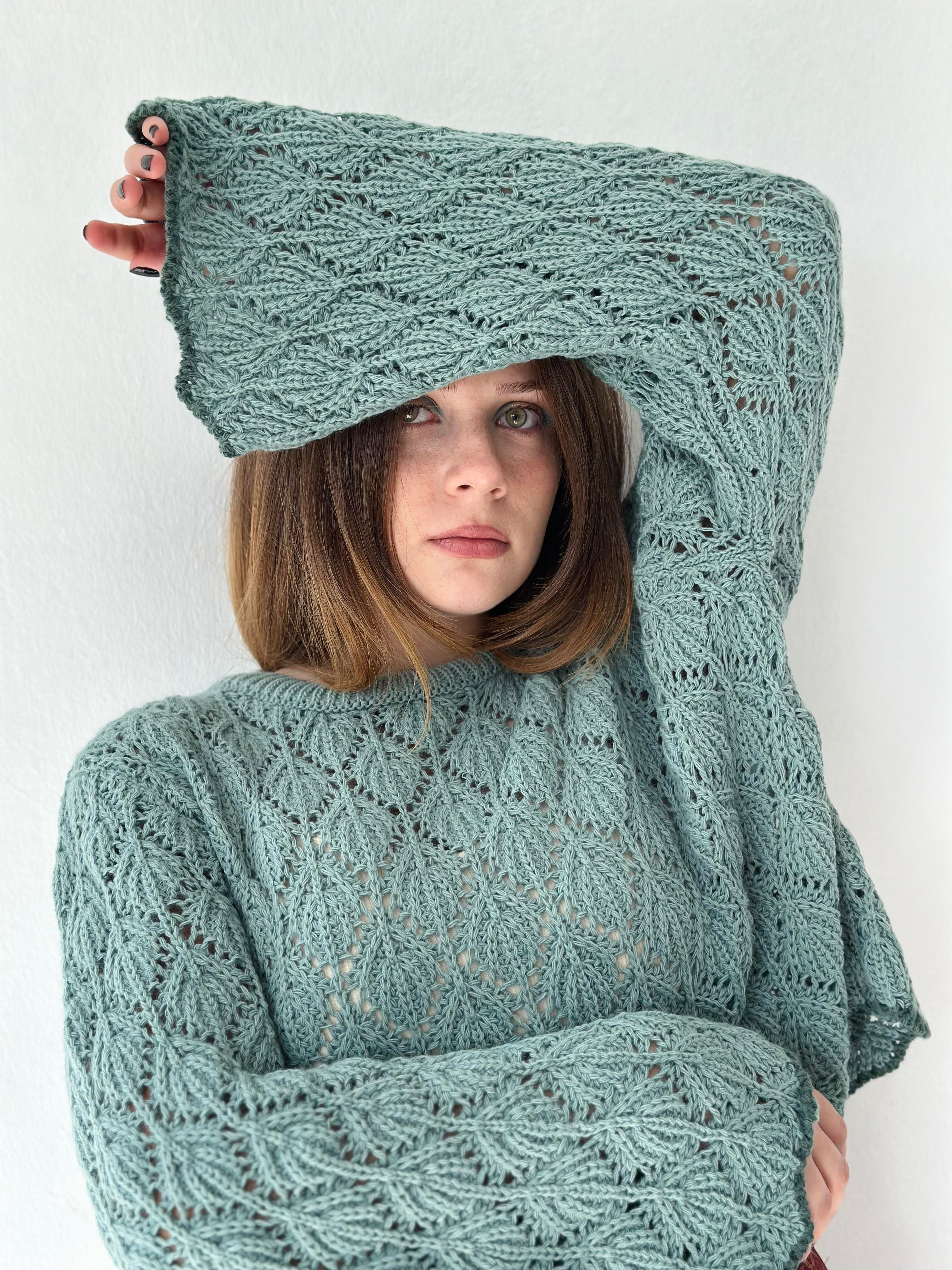 Retrobird Oversize Lili Openwork Perforated Almond Women's Knitwear Sweater  | Retrobird