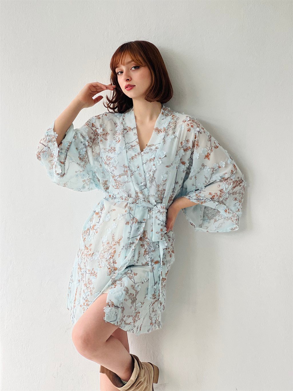 Retrobird Blue Chiffon Fabric Embossed Laser Cut Floral Women's Kimono |  Retrobird
