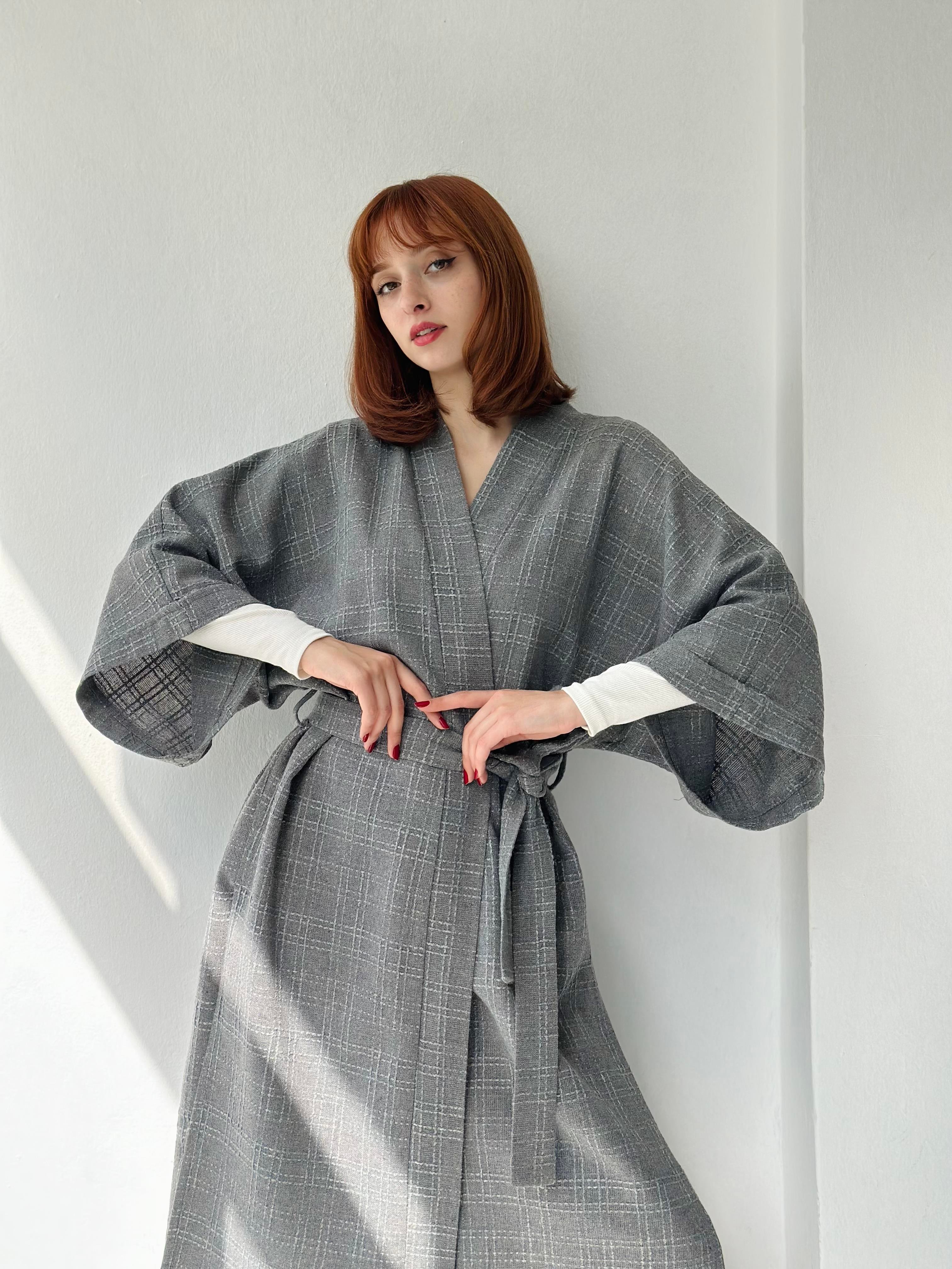 Retrobird Şönil Kumaş Hırka Kışlık Gri Kadın Kimono | Retrobird