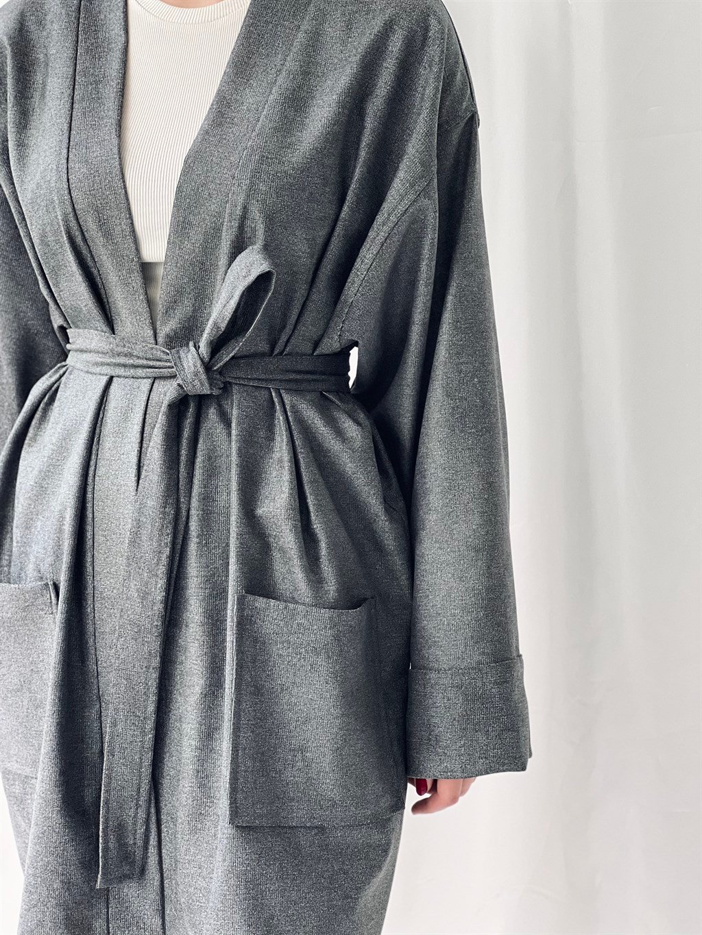 Unisex Winter Dark Gray Cardigan Kimono with Pockets