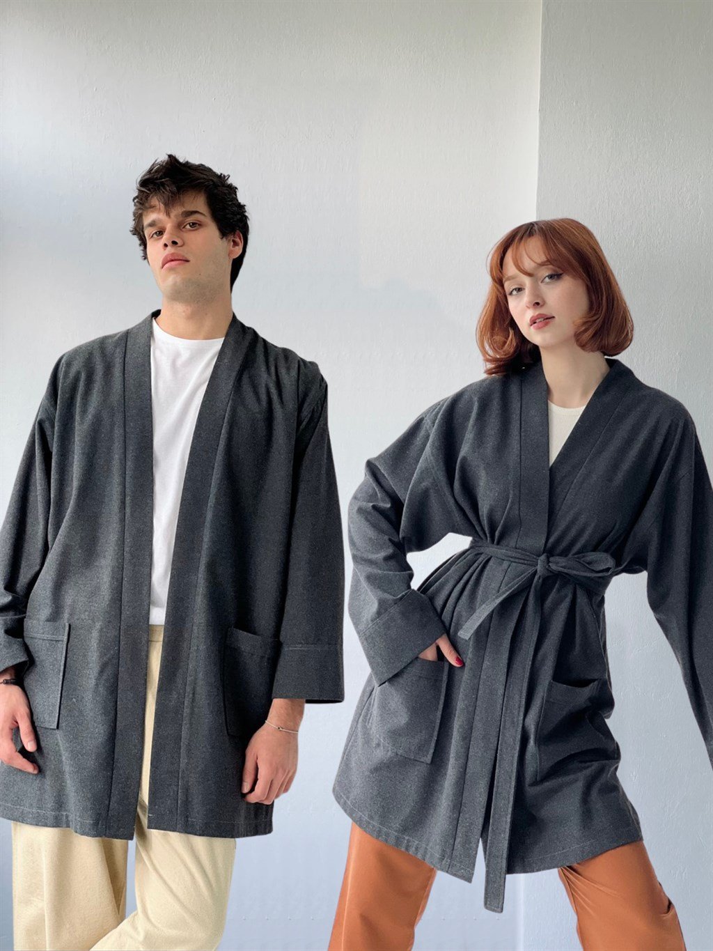 Unisex Winter Dark Gray Cardigan Kimono with Pockets