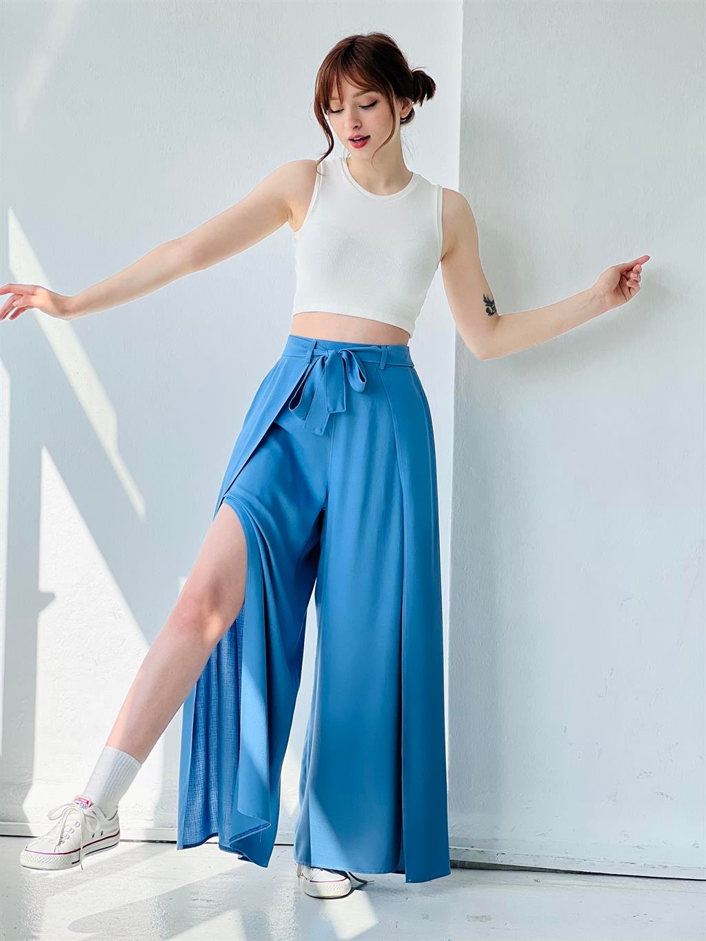 Slit Detailed Wide-Leg Blue Trousers Skirt | Retrobird
