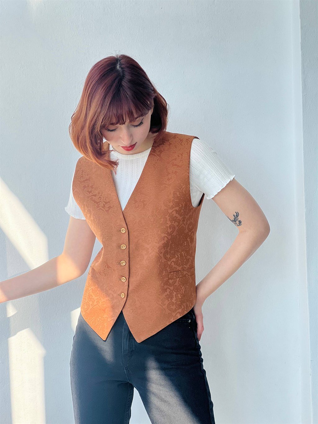 Retrobird Woven Fabric Lined Pocketless Tan Colored Women's Vest | Retrobird