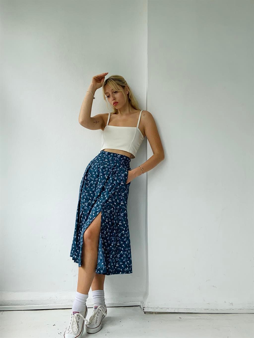 Retrobird High Waist Slit Midi Length Patterned Women's Skirt