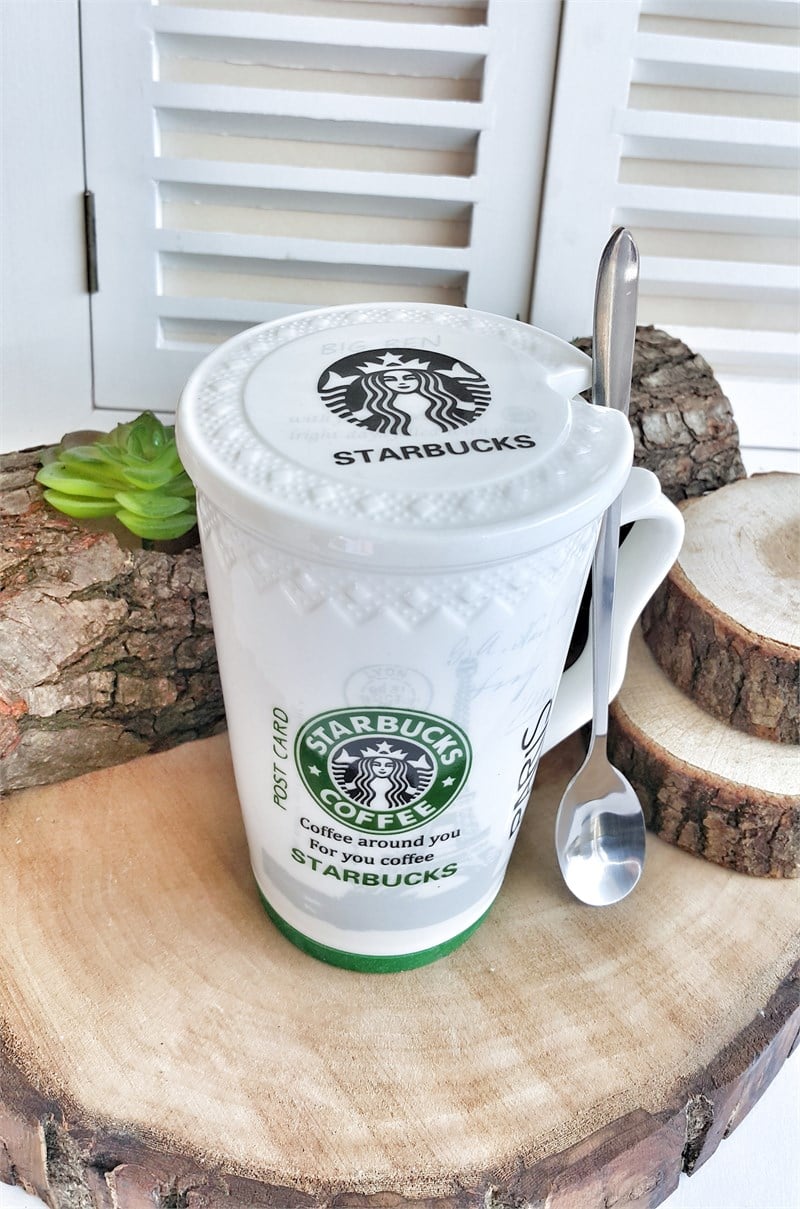 Starbucks Porselen Kapaklı Kaşıklı Kupa